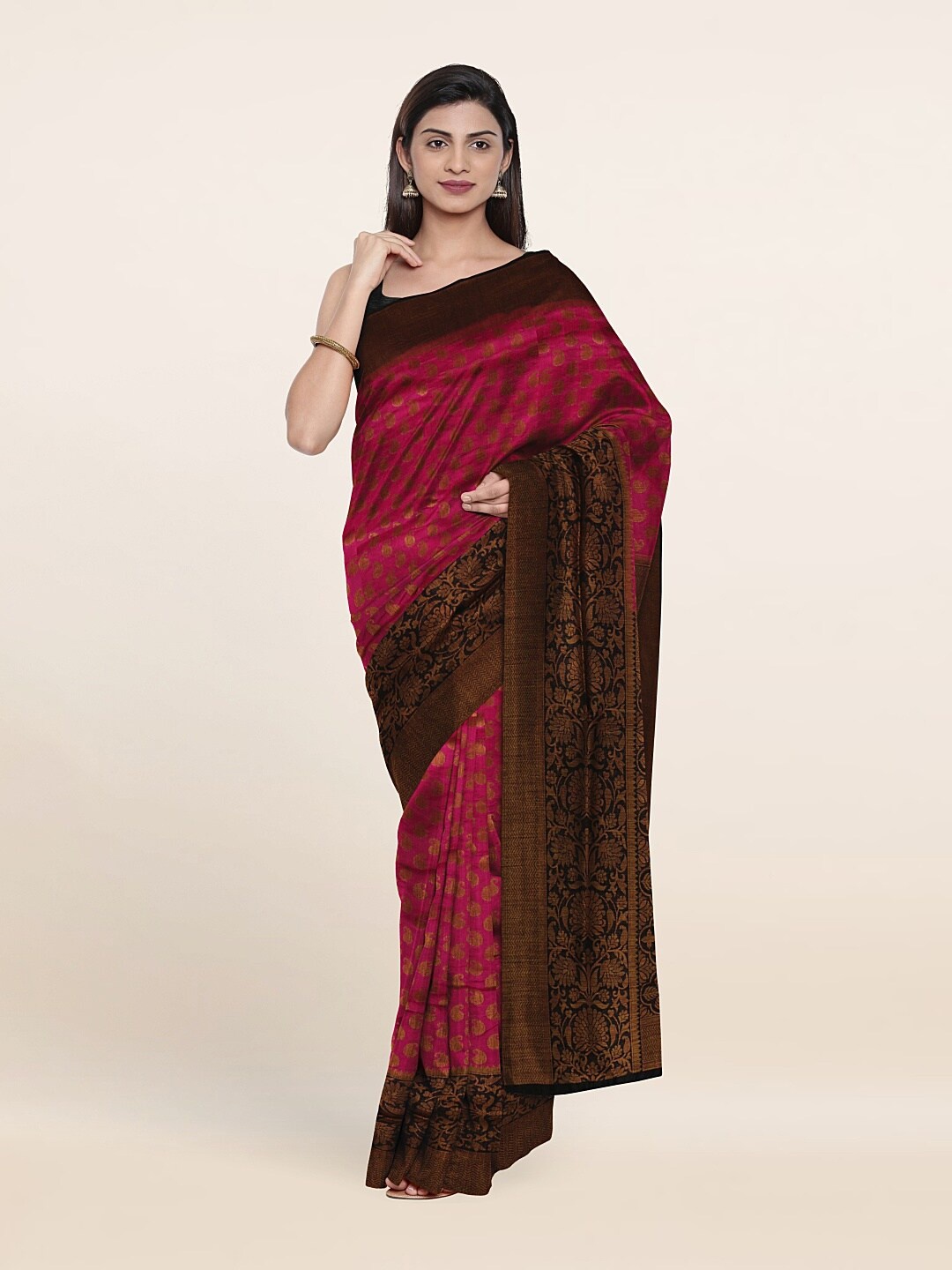 

Pothys Pink Floral Zari Cotton Blend Saree