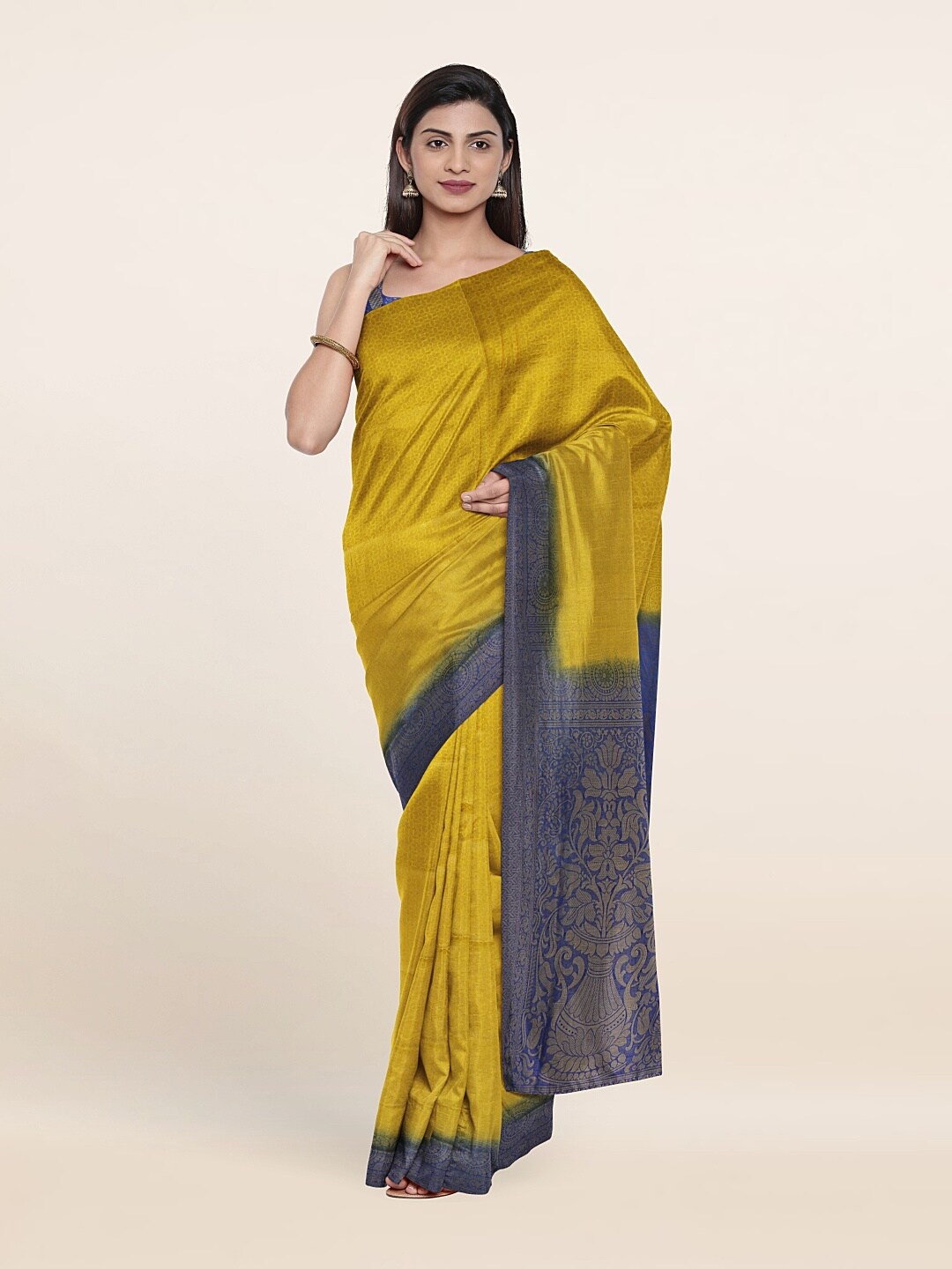 

Pothys Yellow & Navy Blue Floral Cotton Blend Saree