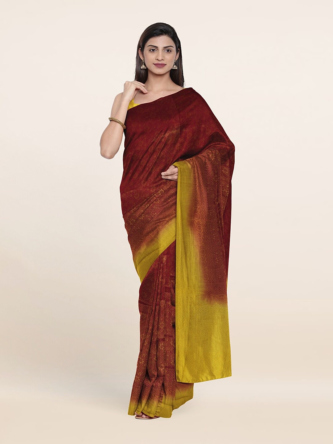 

Pothys Maroon & Gold-Toned Floral Printed Saree