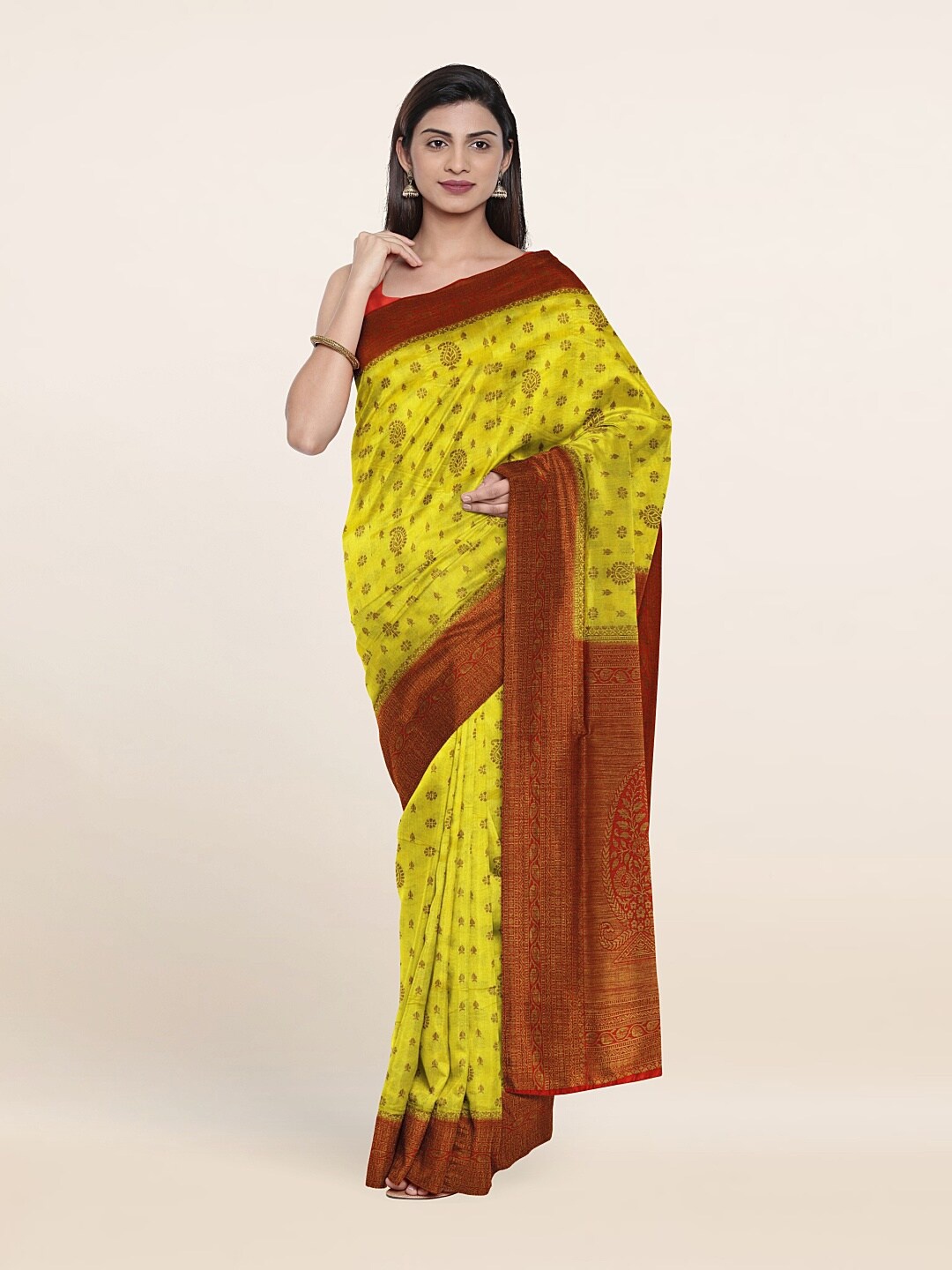 

Pothys Yellow & Maroon Floral Cotton Blend Saree