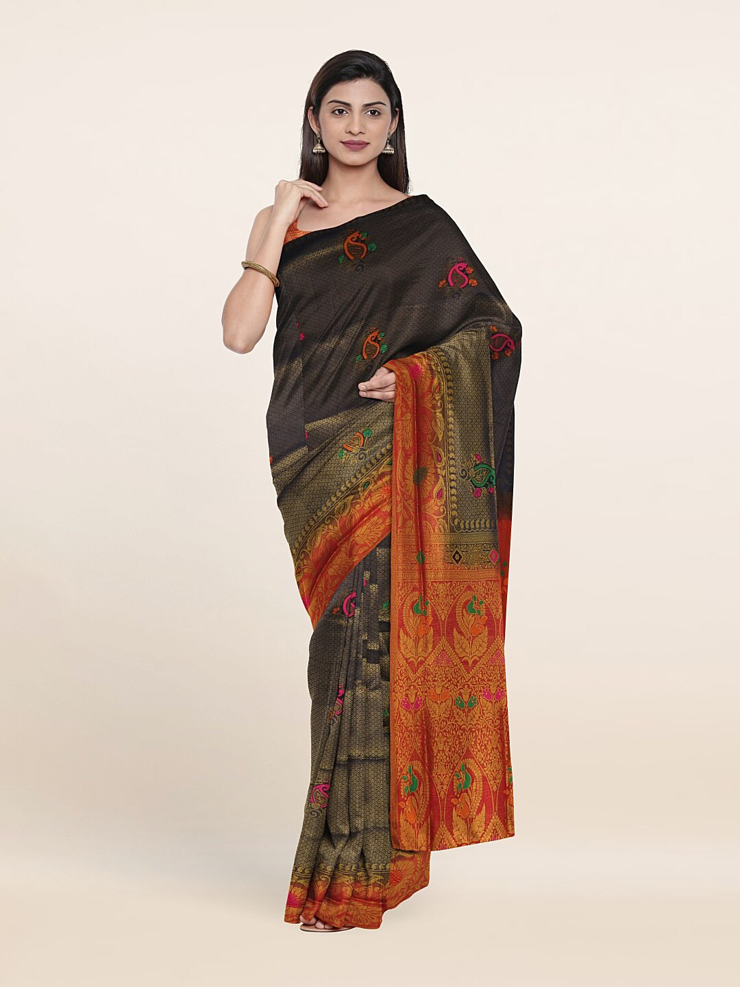 

Pothys Navy Blue & Orange Woven Design Zari Cotton Blend Saree