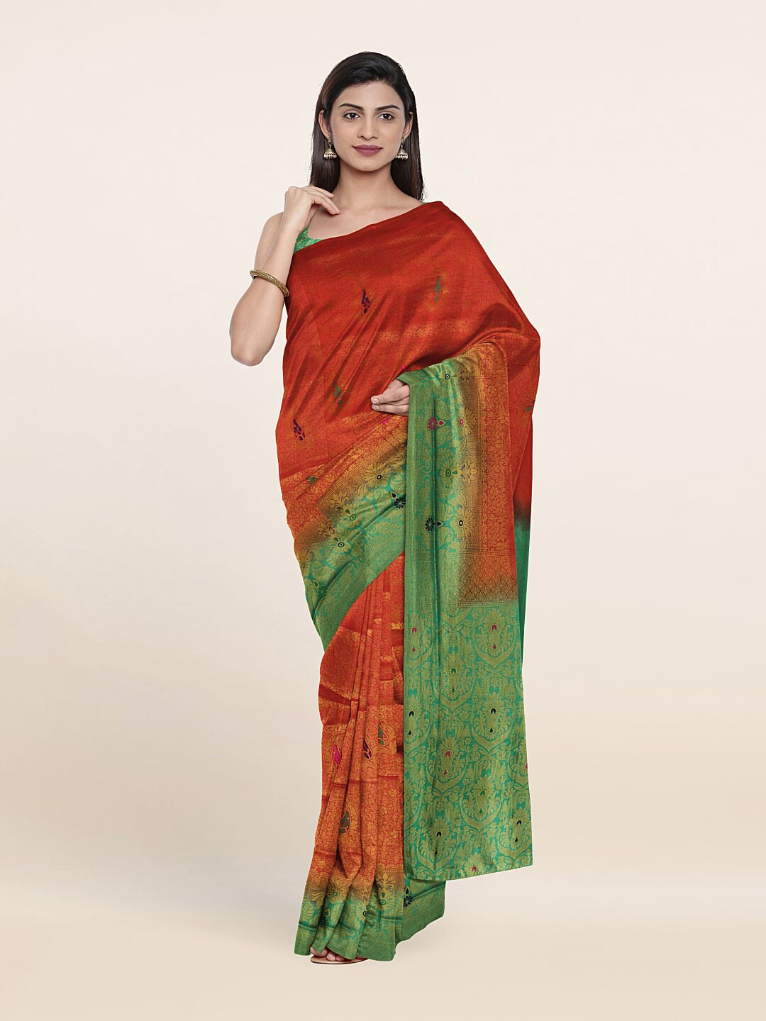 

Pothys Red & Green Floral Cotton Blend Saree