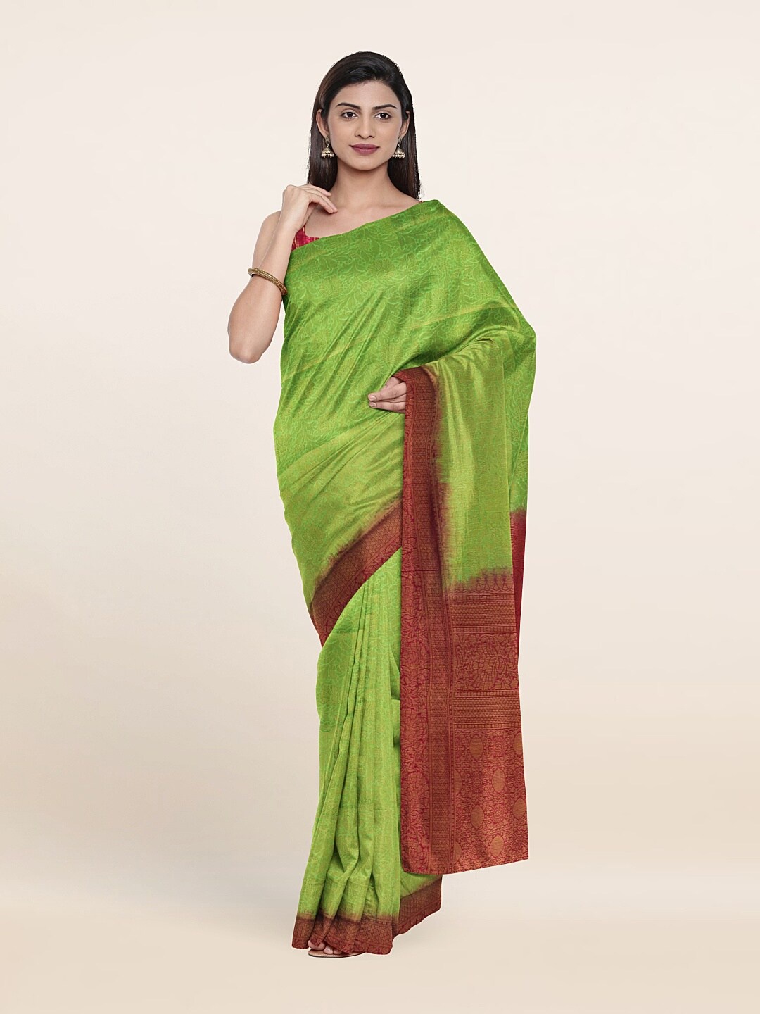 

Pothys Green & Red Ethnic Motifs Saree