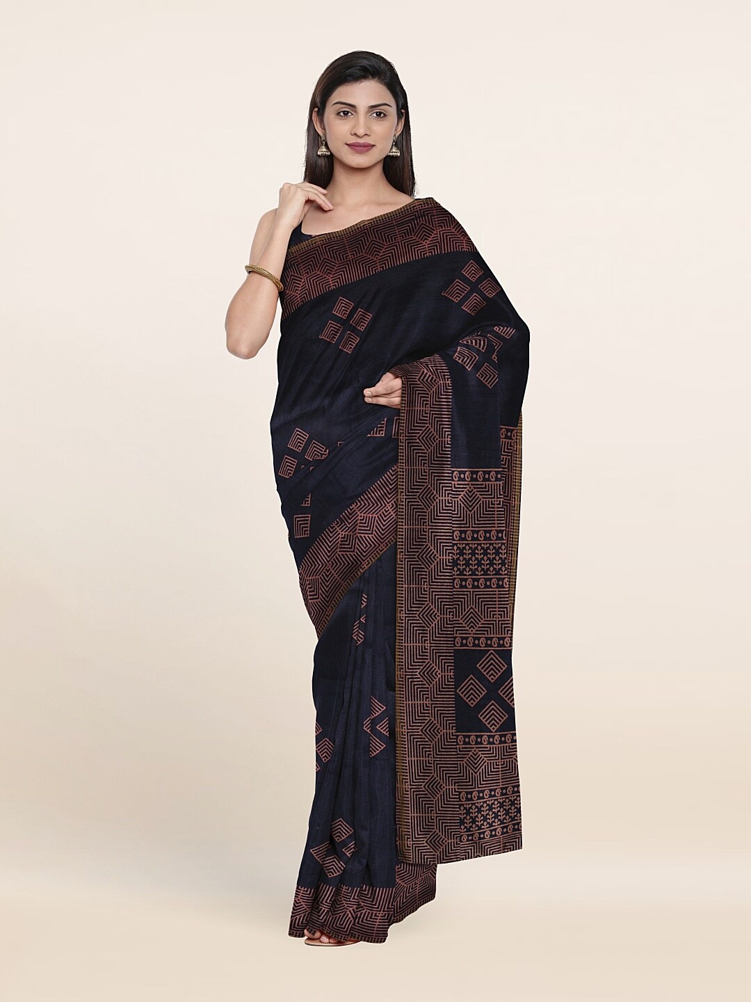 

Pothys Navy Blue & Pink Ethnic Motifs Printed Sarees
