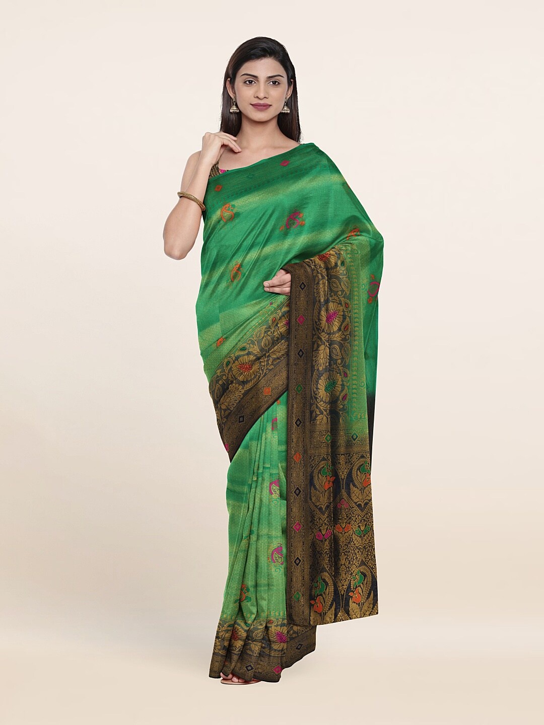

Pothys Green & Navy Blue Floral Printed Saree