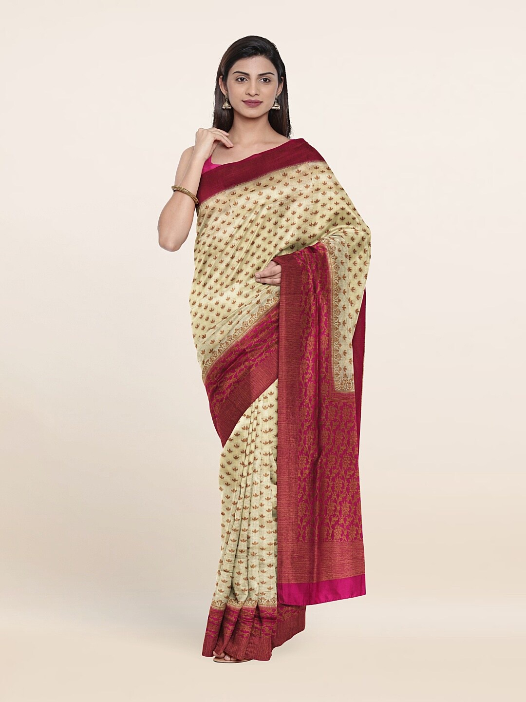 

Pothys Cream-Coloured & Magenta Ethnic Motifs Saree