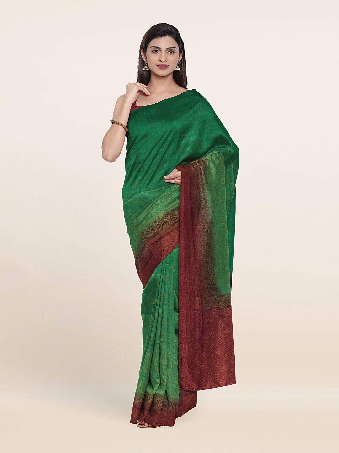 

Pothys Green & Maroon Floral Cotton Blend Saree