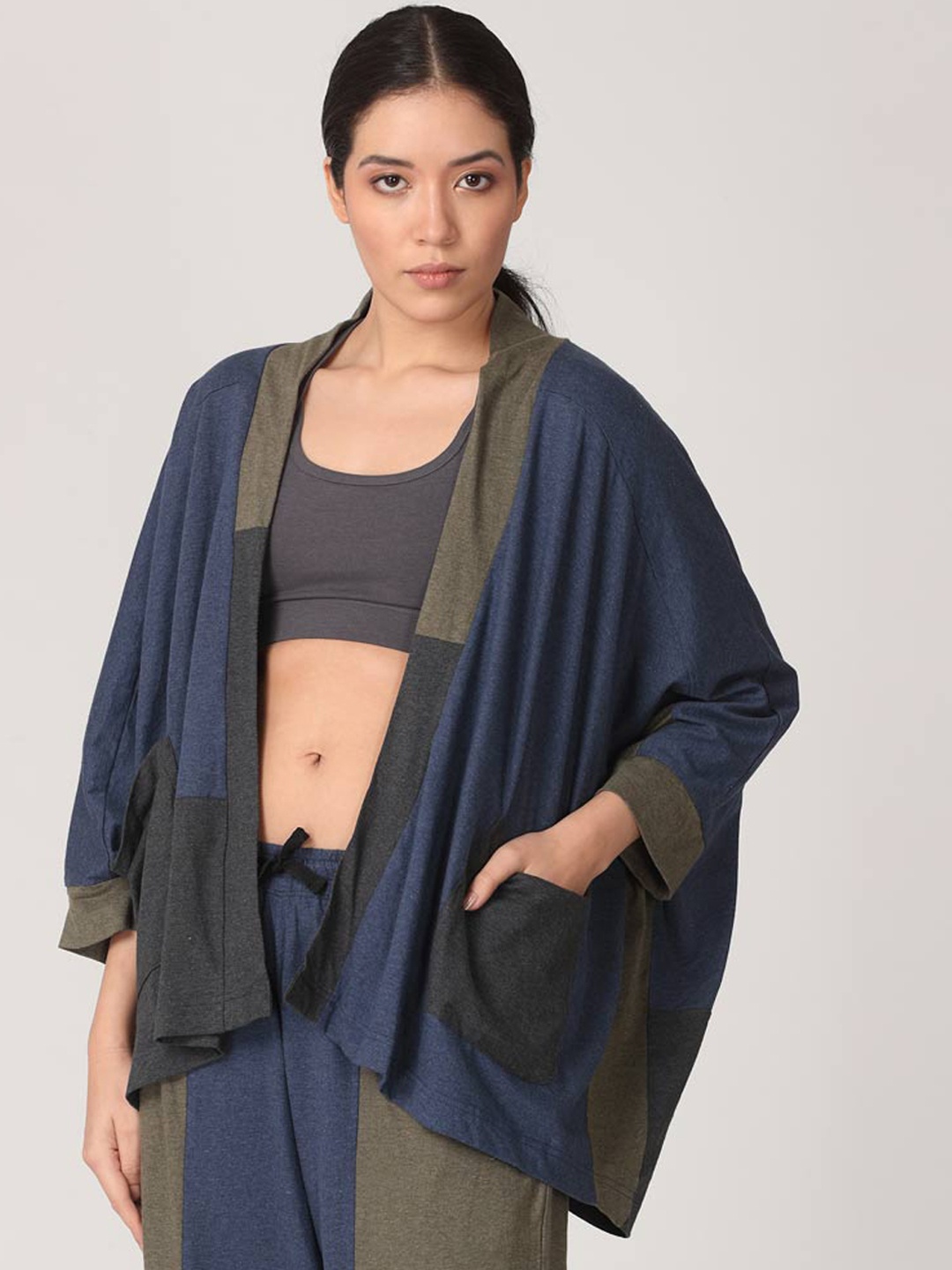 

Proyog Women Navy Blue Olive Green Organic Cotton Longline Yoga Tailored Jacket