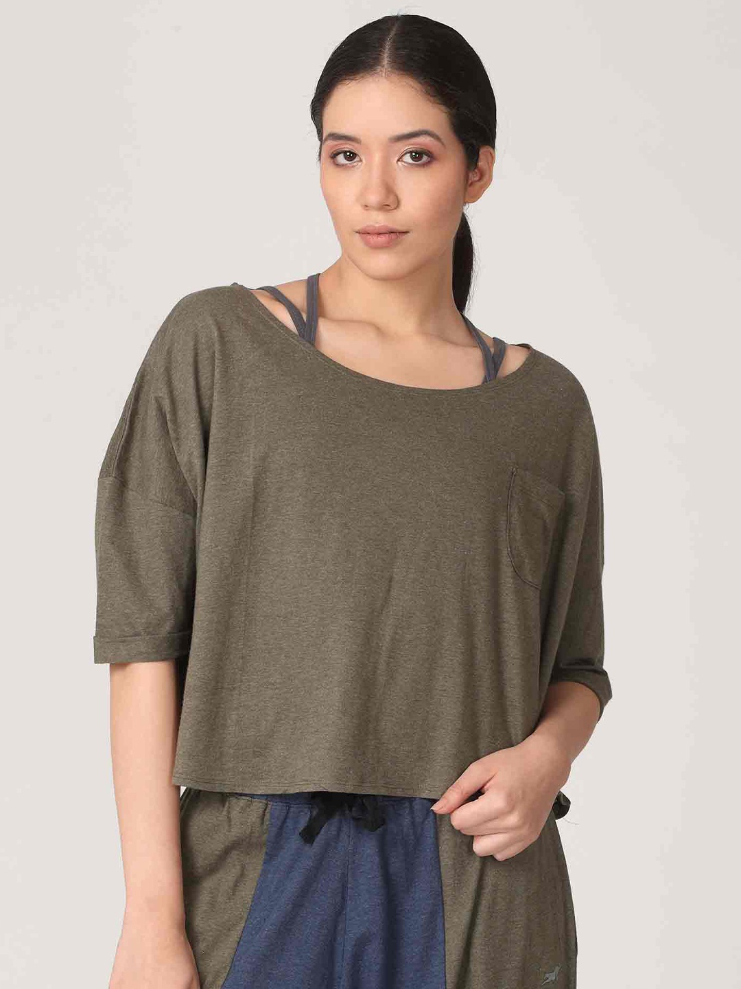 

Proyog Olive Green Extended Sleeves Organic Cotton Boxy Top