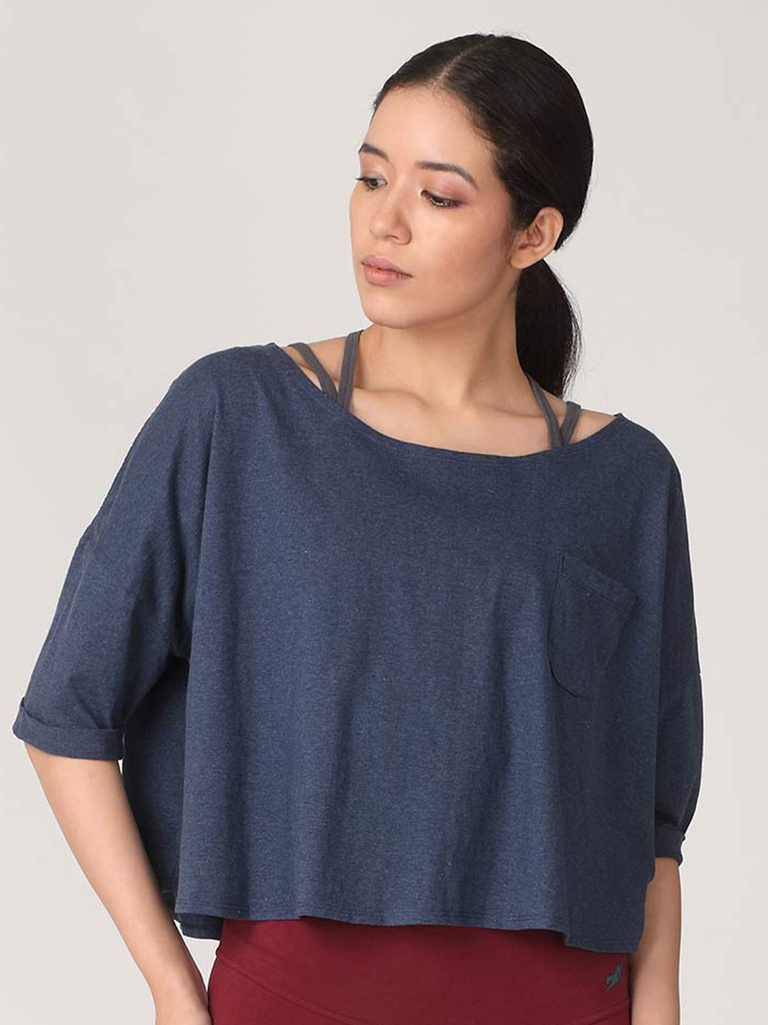 

Proyog Women Navy Blue Solid Extended Sleeves Organic Cotton Top