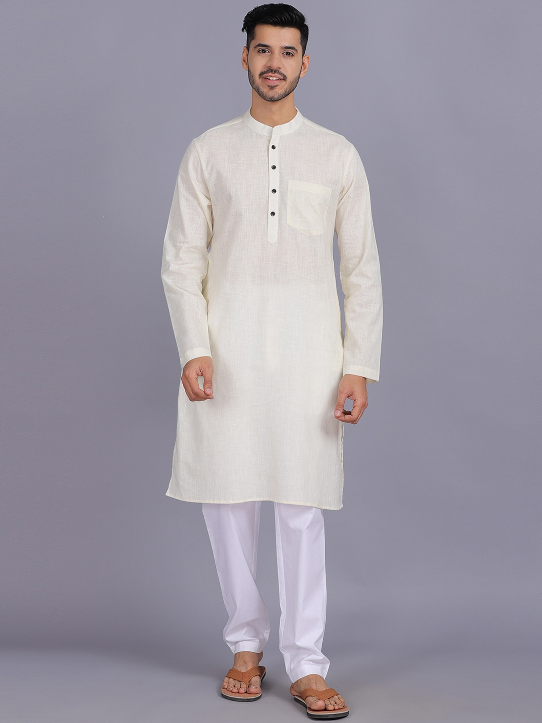 

Waahiba Men Cream-Coloured Solid Cotton Blend Kurta Set