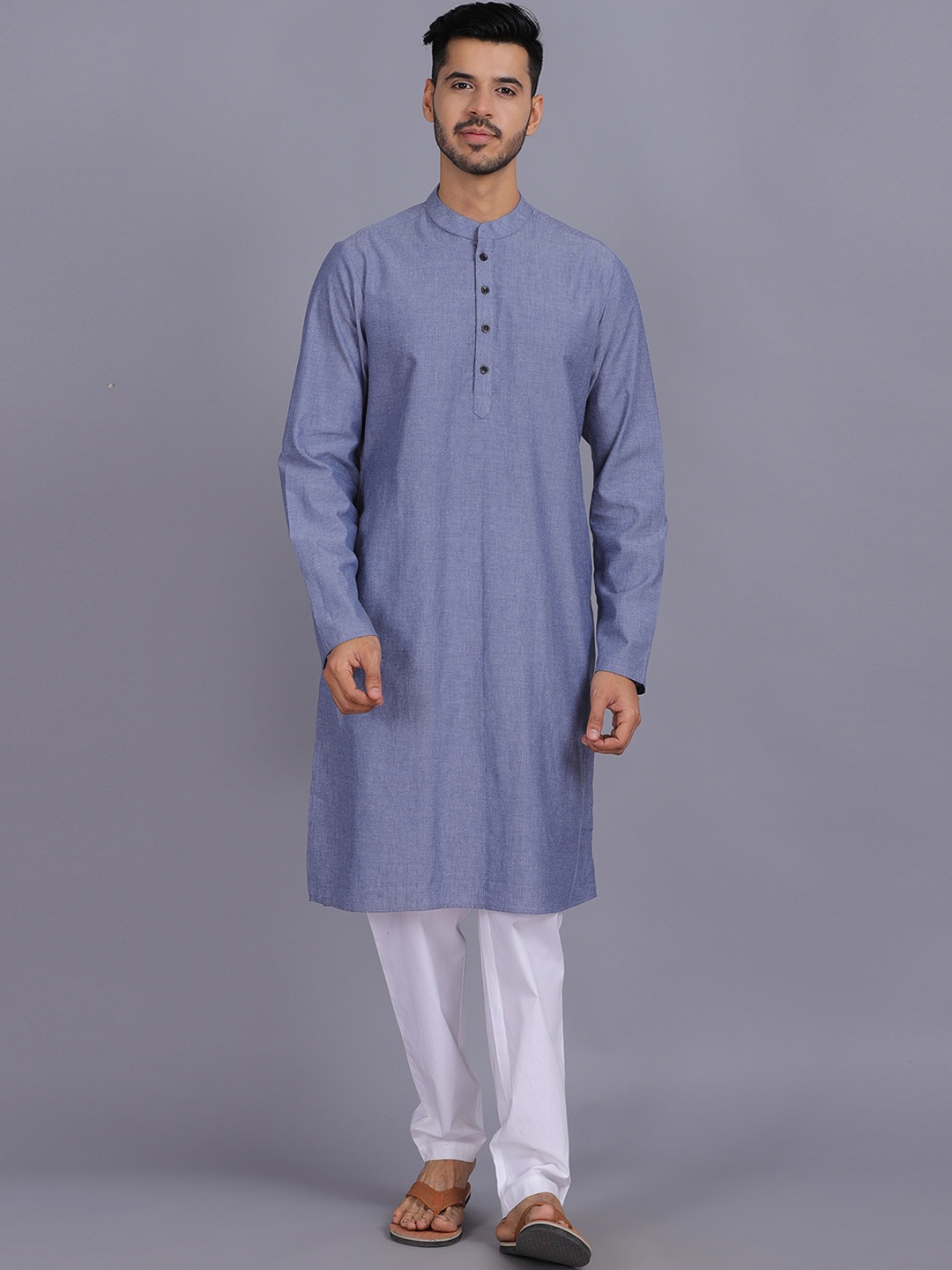 

Waahiba Men Blue Solid Cotton Blend Kurta Set