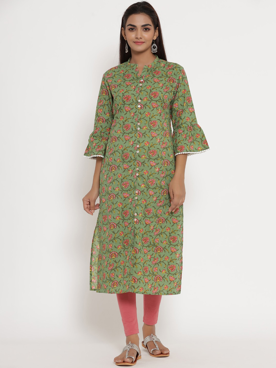 

mirari Women Green & Red Floral Printed Flared Sleeves Floral Kurta
