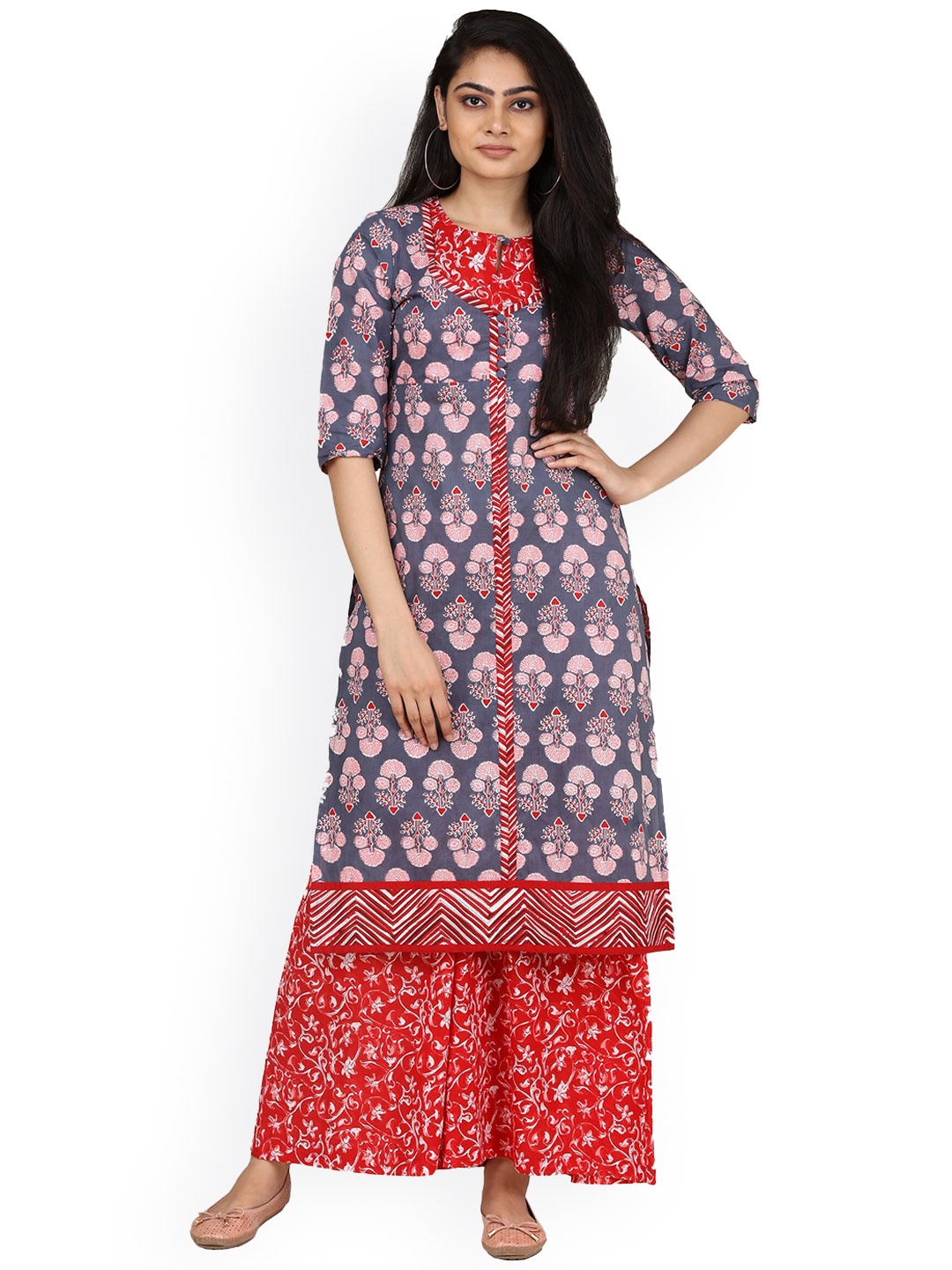 

mirari Women Grey & Red Ethnic Motifs Printed Floral Kurta