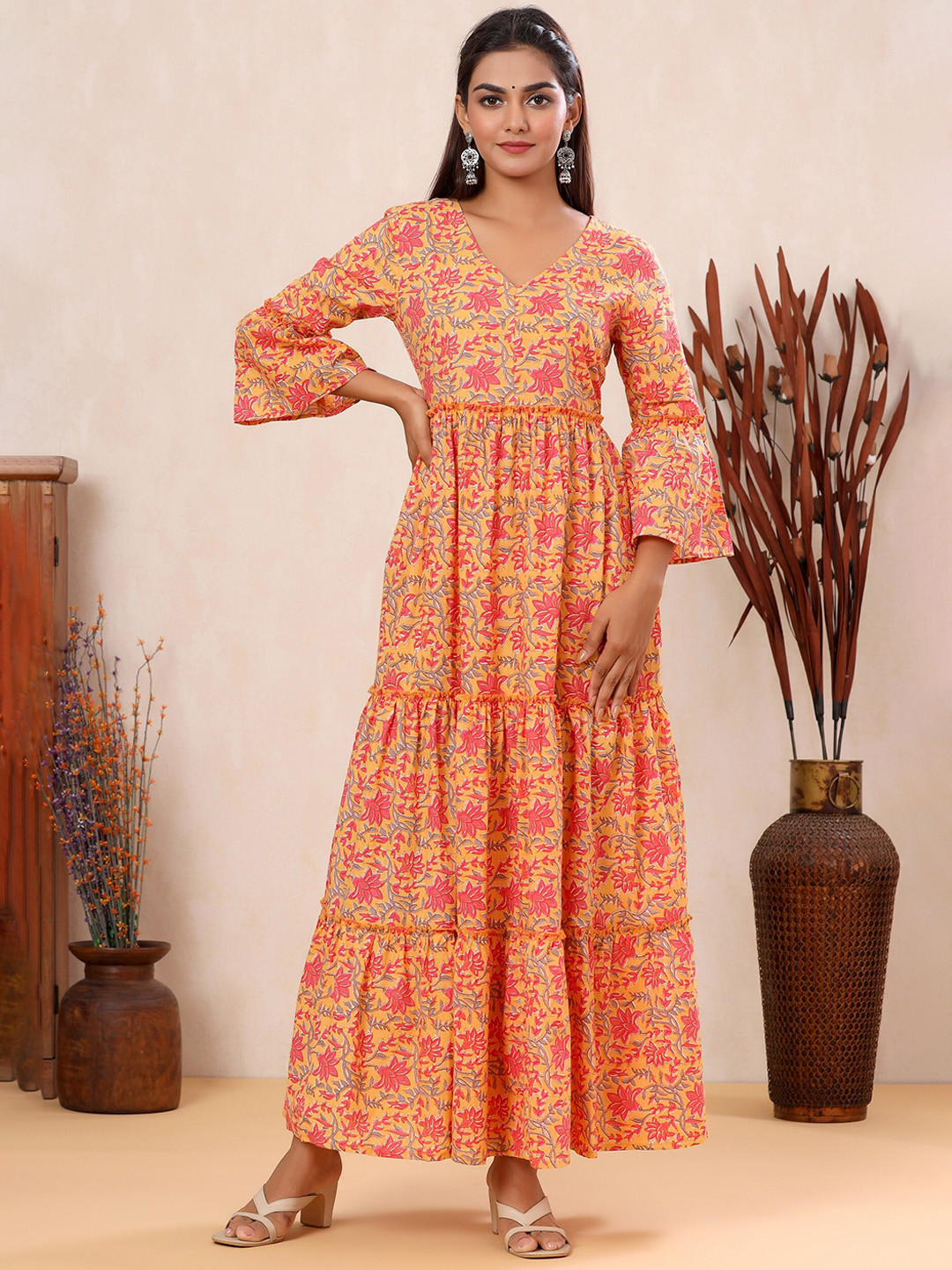 

mirari Womens Yellow And Pink Floral Printed Cotton Tier Dress, Mustard