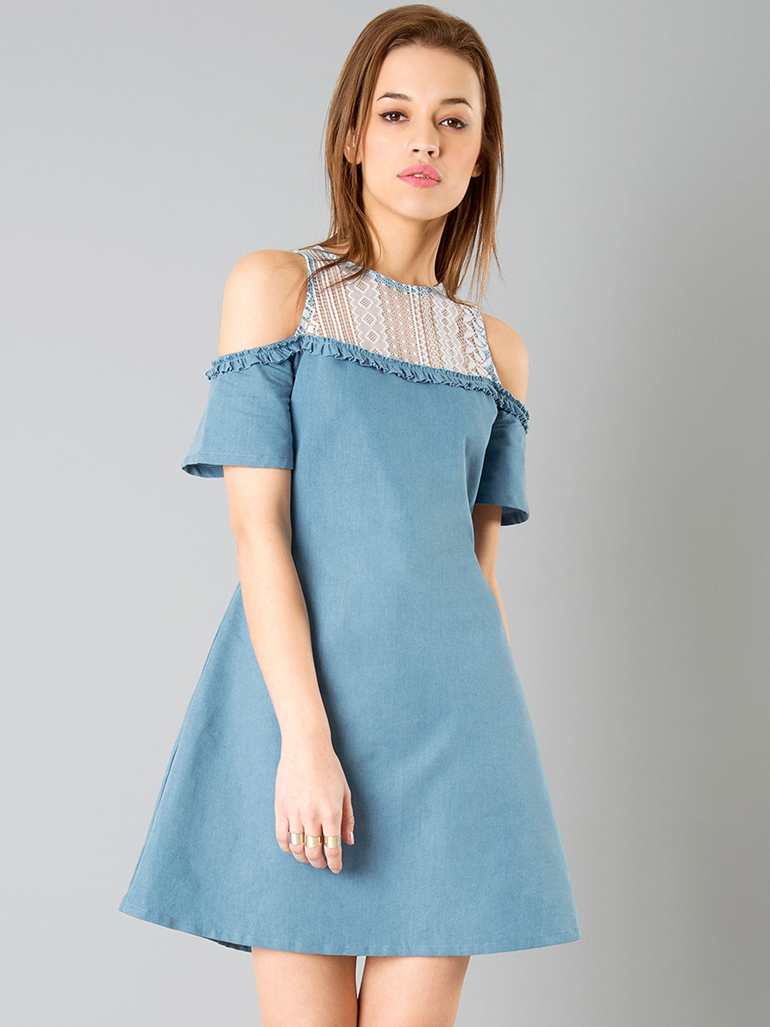 

FabAlley Women Blue Cold-Shoulder A-Line Dress