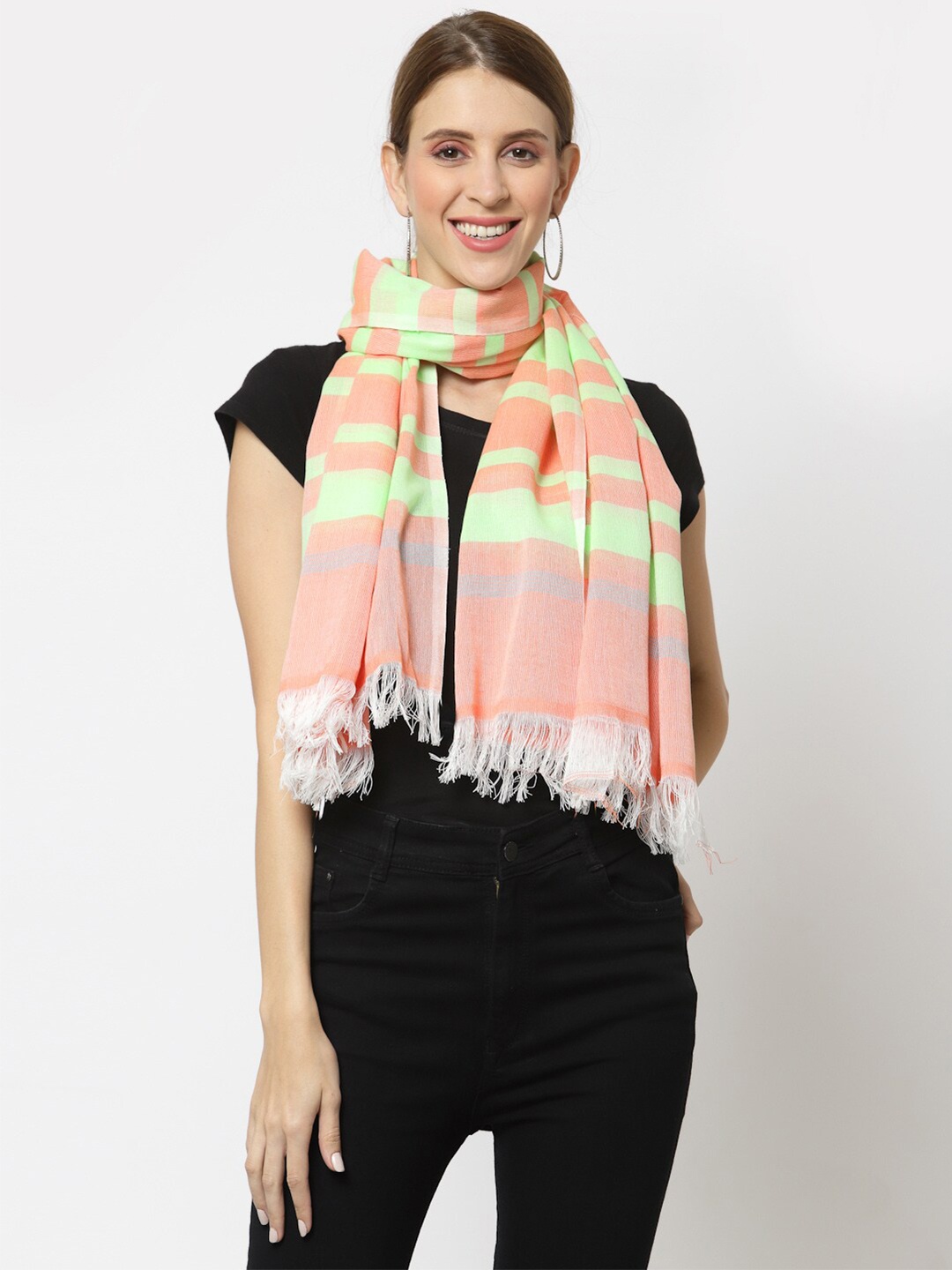 

KLOTTHE Women Peach-Coloured & Green Striped Stole