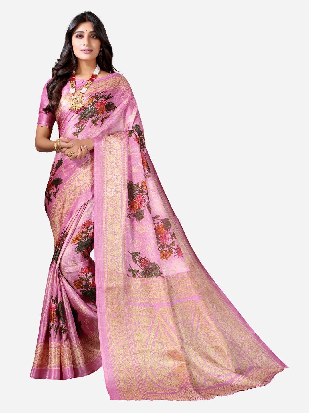 

KALINI Rose & Gold-Toned Floral Poly Silk Khadi Saree