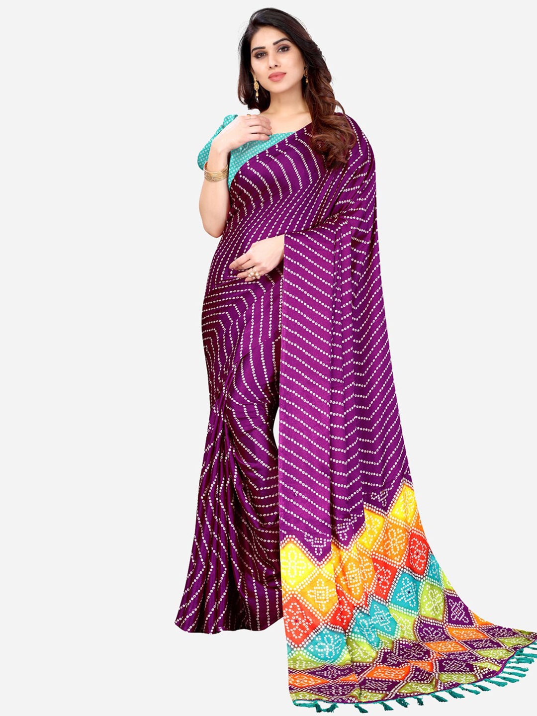 

KALINI Purple & White Printed Art Silk Bandhani Saree