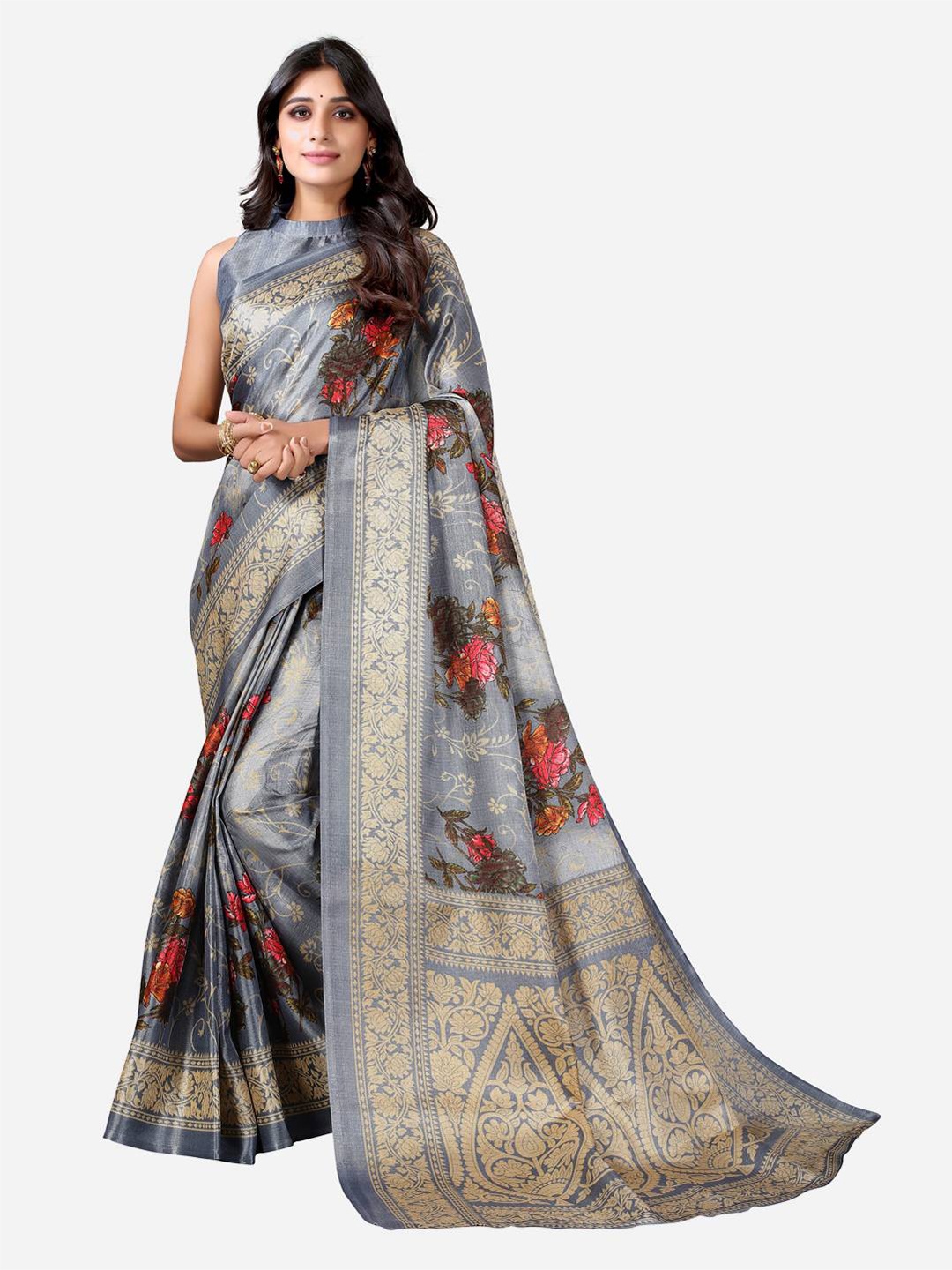 

KALINI Grey & Gold-Toned Floral Poly Silk Khadi Saree