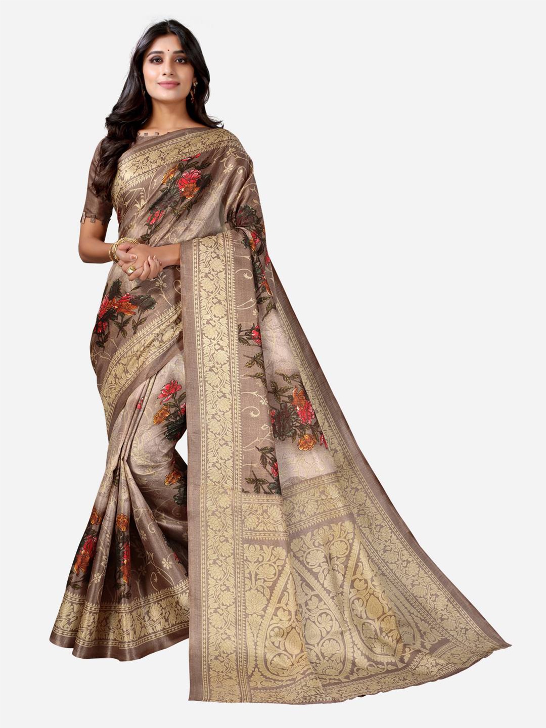 

KALINI Brown & Gold-Toned Floral Poly Silk Khadi Saree