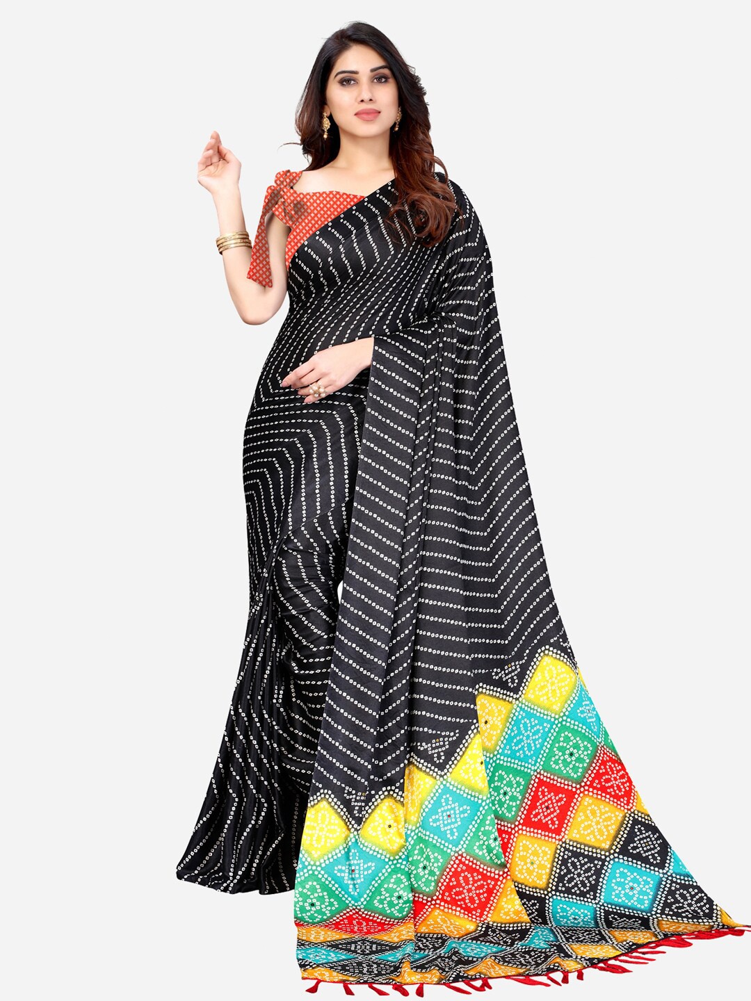 

KALINI Black & Yellow Bandhani Poly Silk Saree