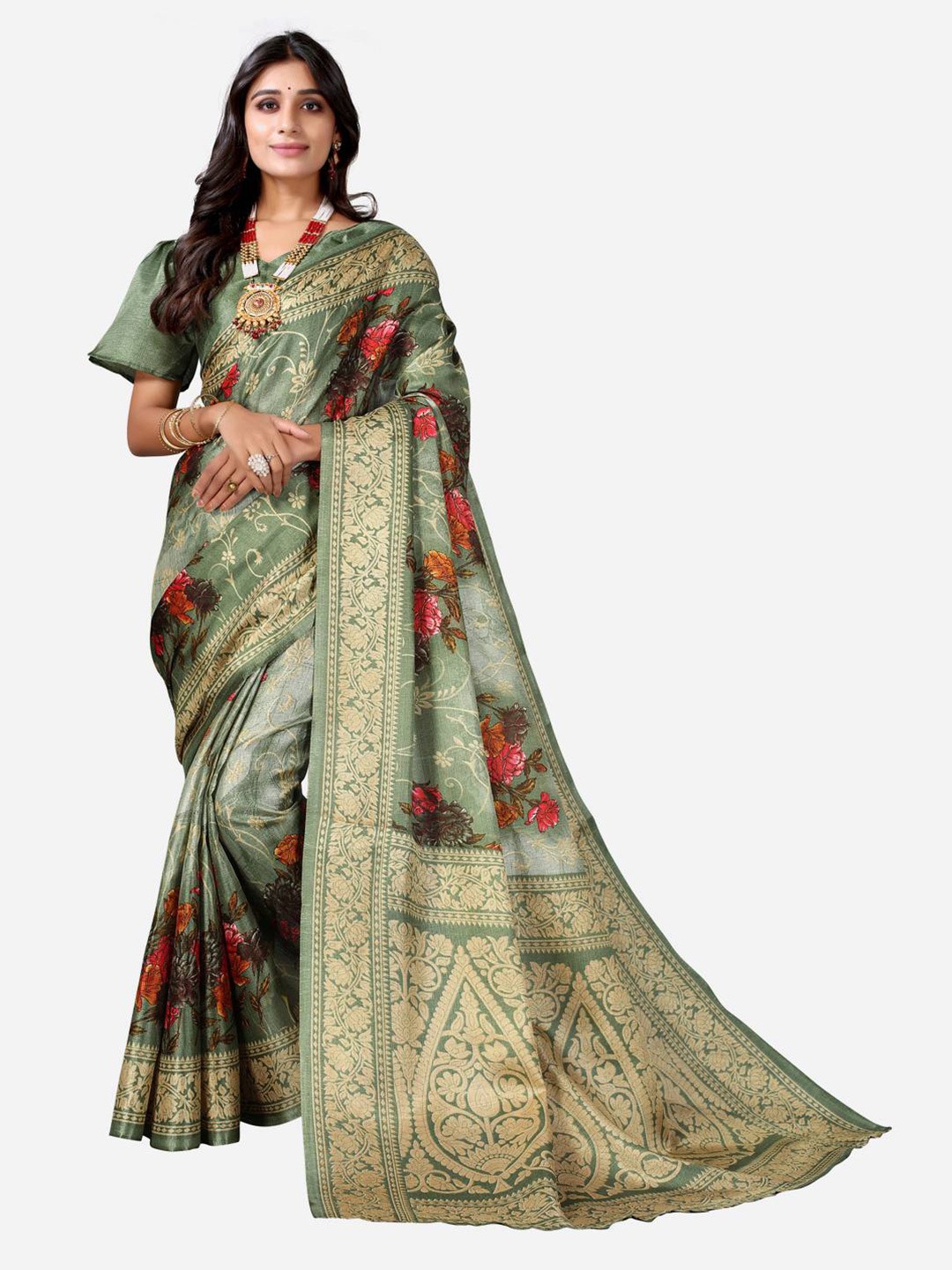 

KALINI Olive Green & Gold-Toned Floral Poly Silk Khadi Saree
