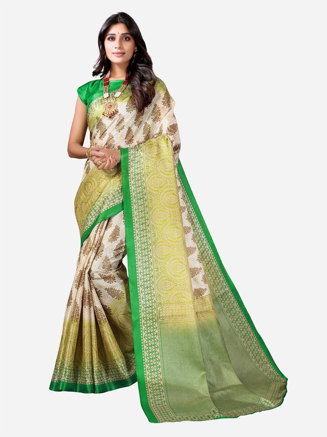 

KALINI Fluorescent Green & Beige Ethnic Motifs Poly Silk Khadi Saree