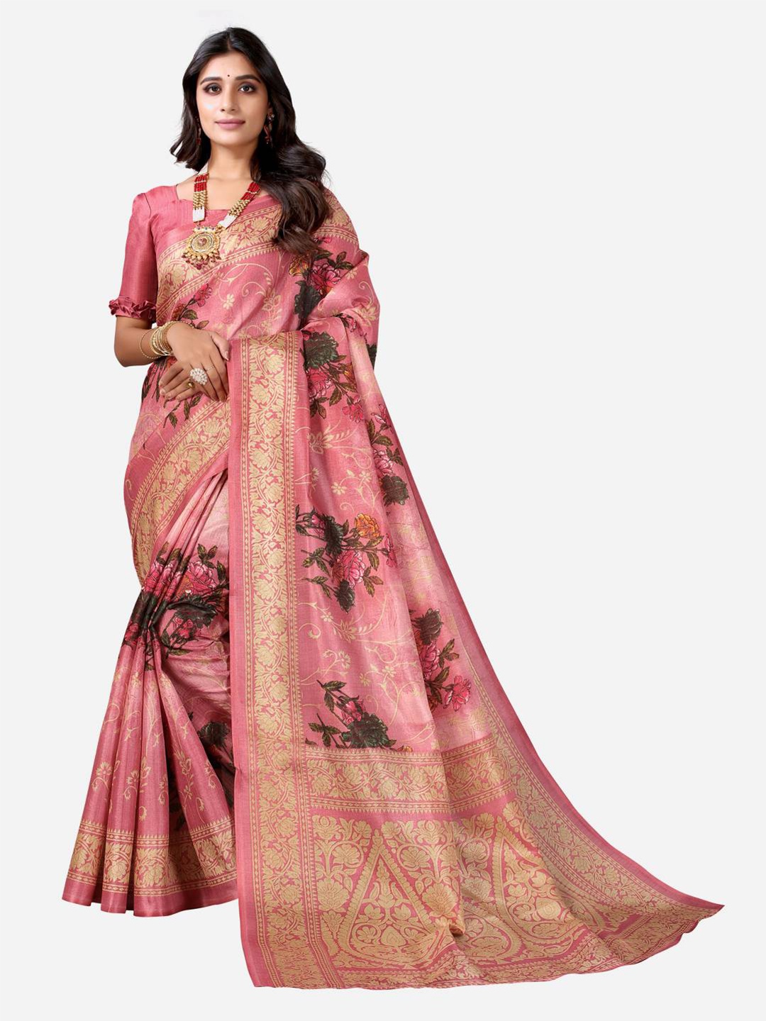 

KALINI Peach-Coloured & Gold-Toned Floral Poly Silk Khadi Saree