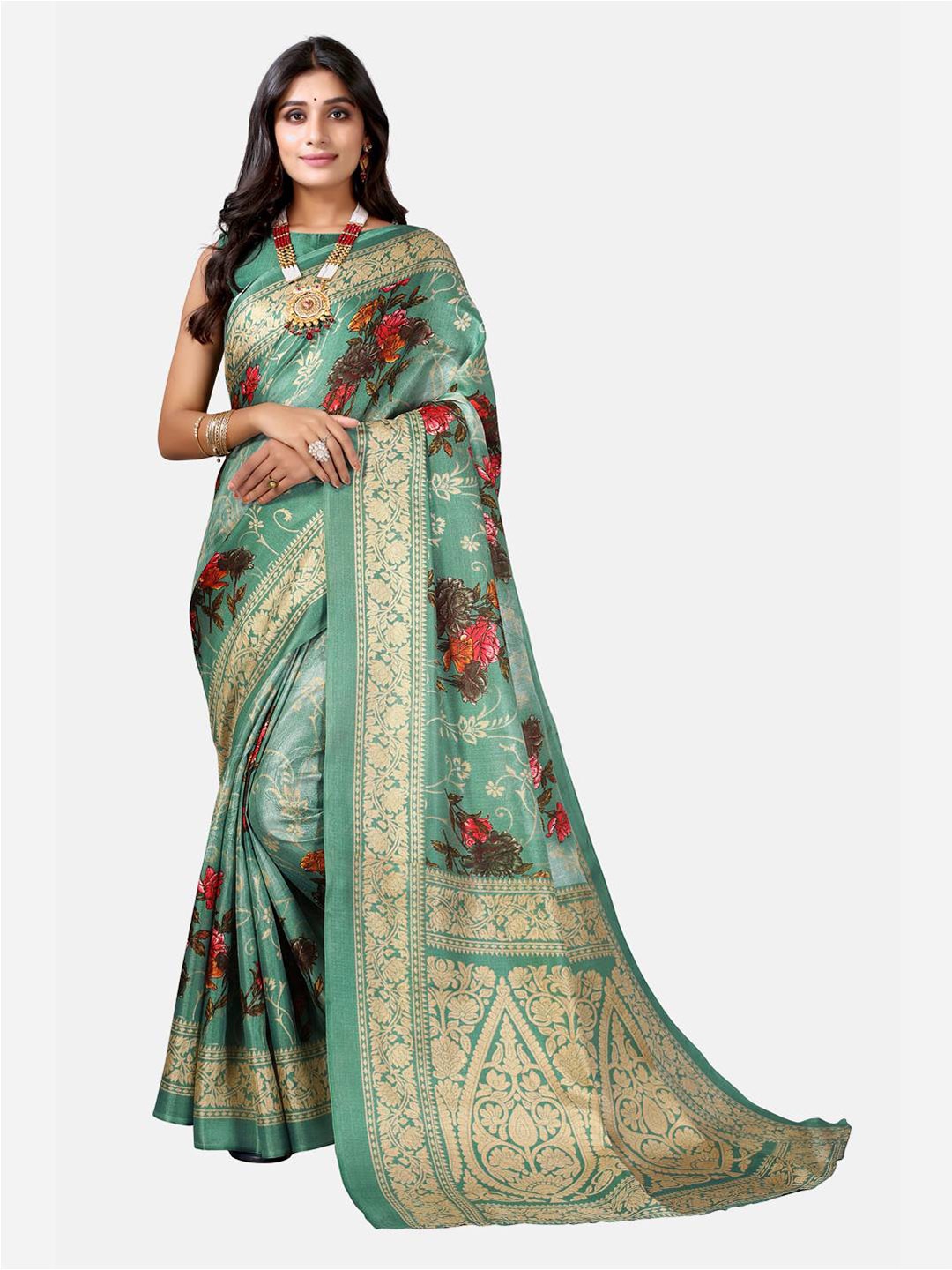

KALINI Sea Green & Gold-Toned Floral Poly Silk Khadi Saree