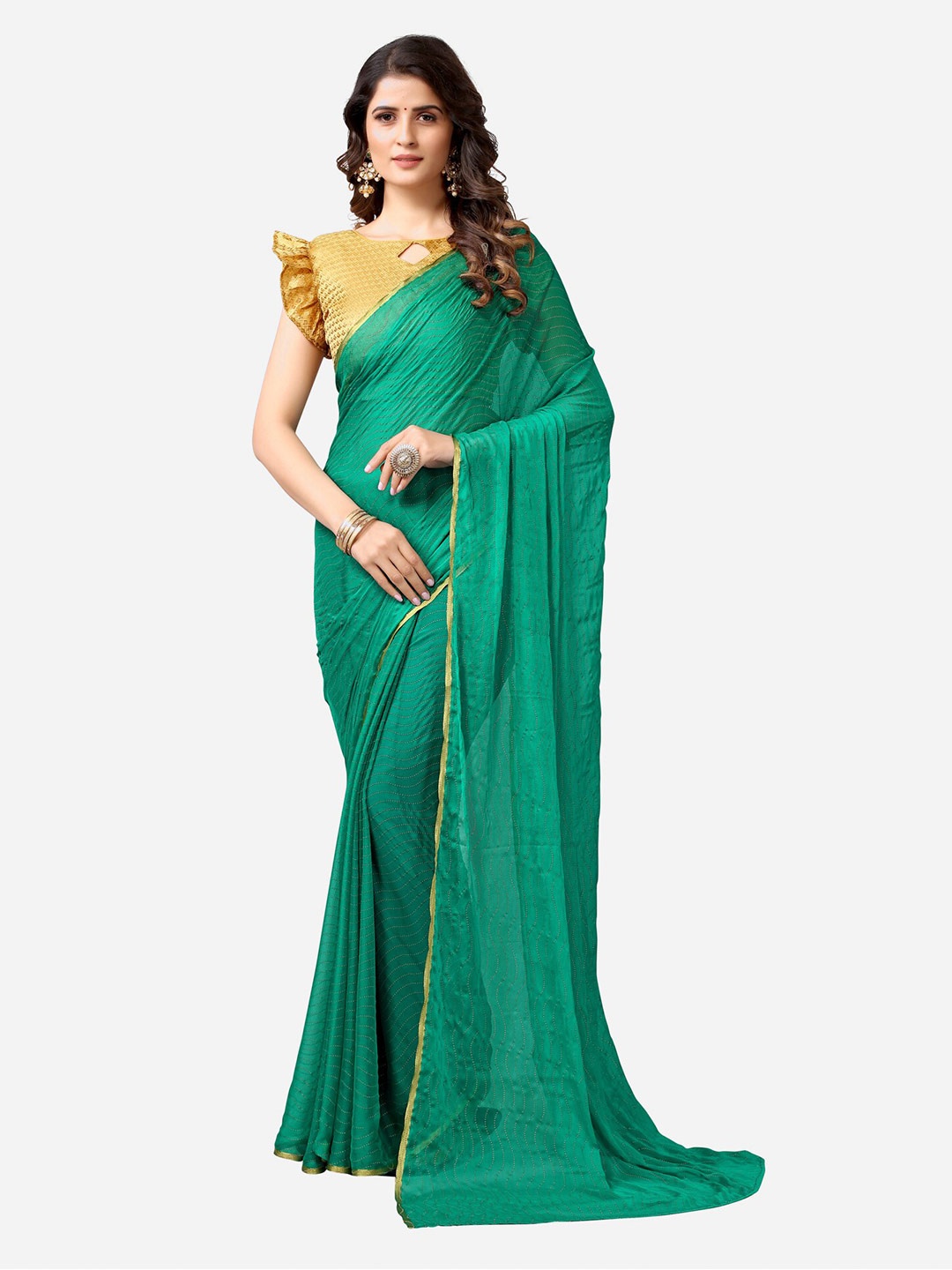 

KALINI Green & Gold-Toned Embellished Polly Chiffon Mukaish Taant Saree