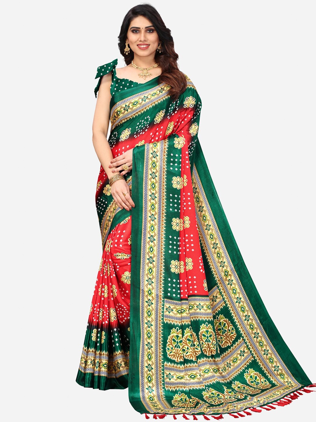 

KALINI Red & Green Bandhani Poly Silk Saree