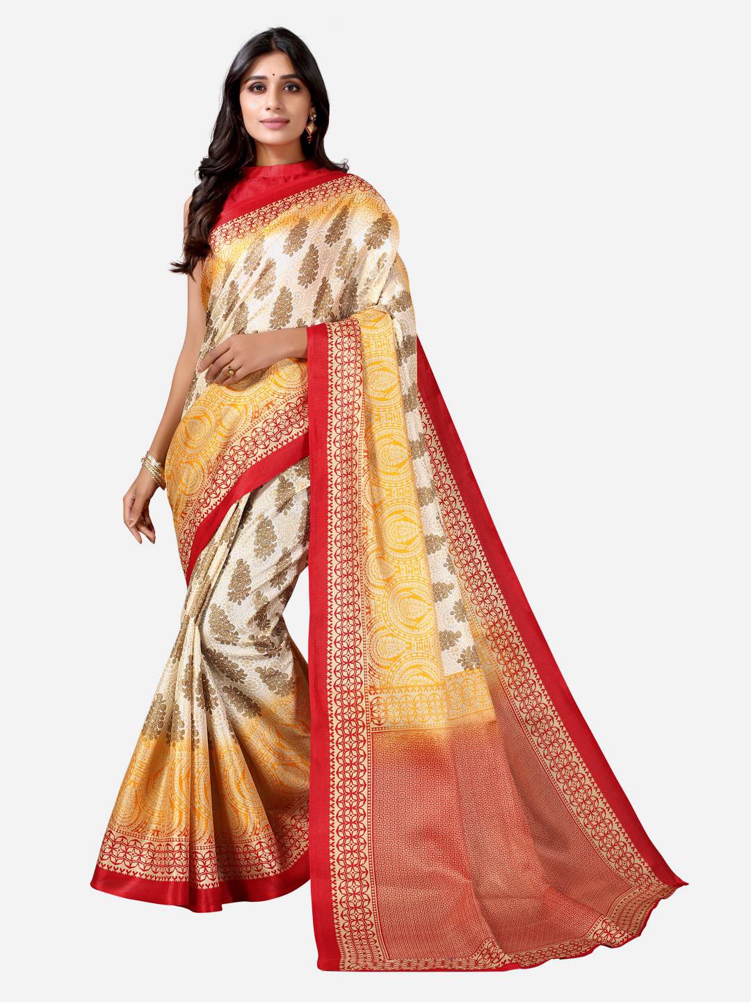 

KALINI Red & Gold-Toned Ethnic Motifs Polly Silk Khadi Saree