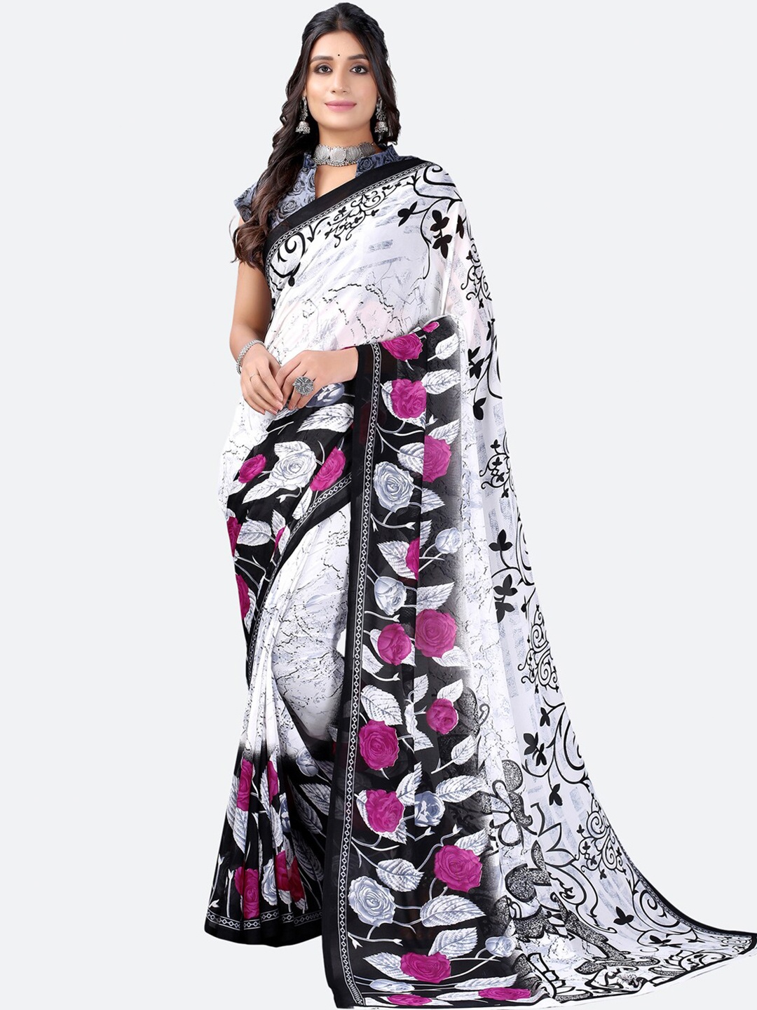 

KALINI White & Pink Floral Saree