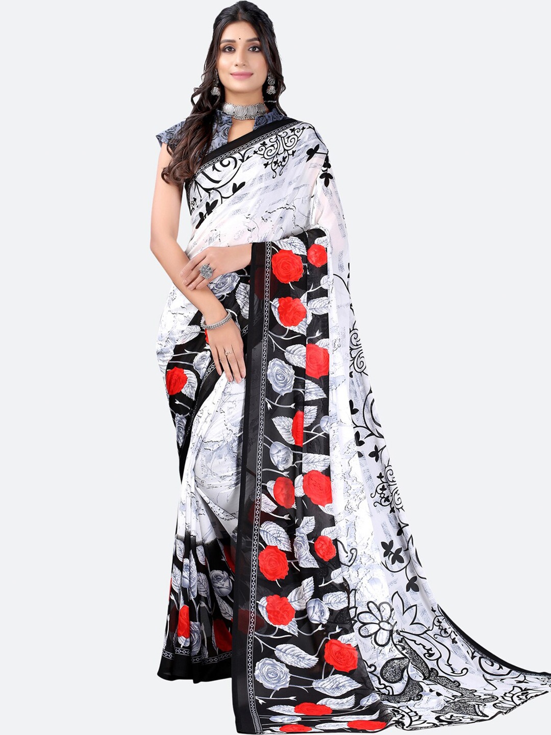 

KALINI White & Red Floral Saree