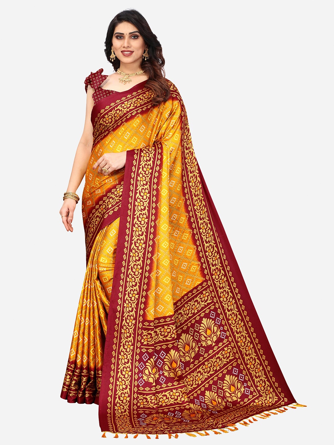 

KALINI Mustard & Red Bandhani Embellished Poly Silk Sarees