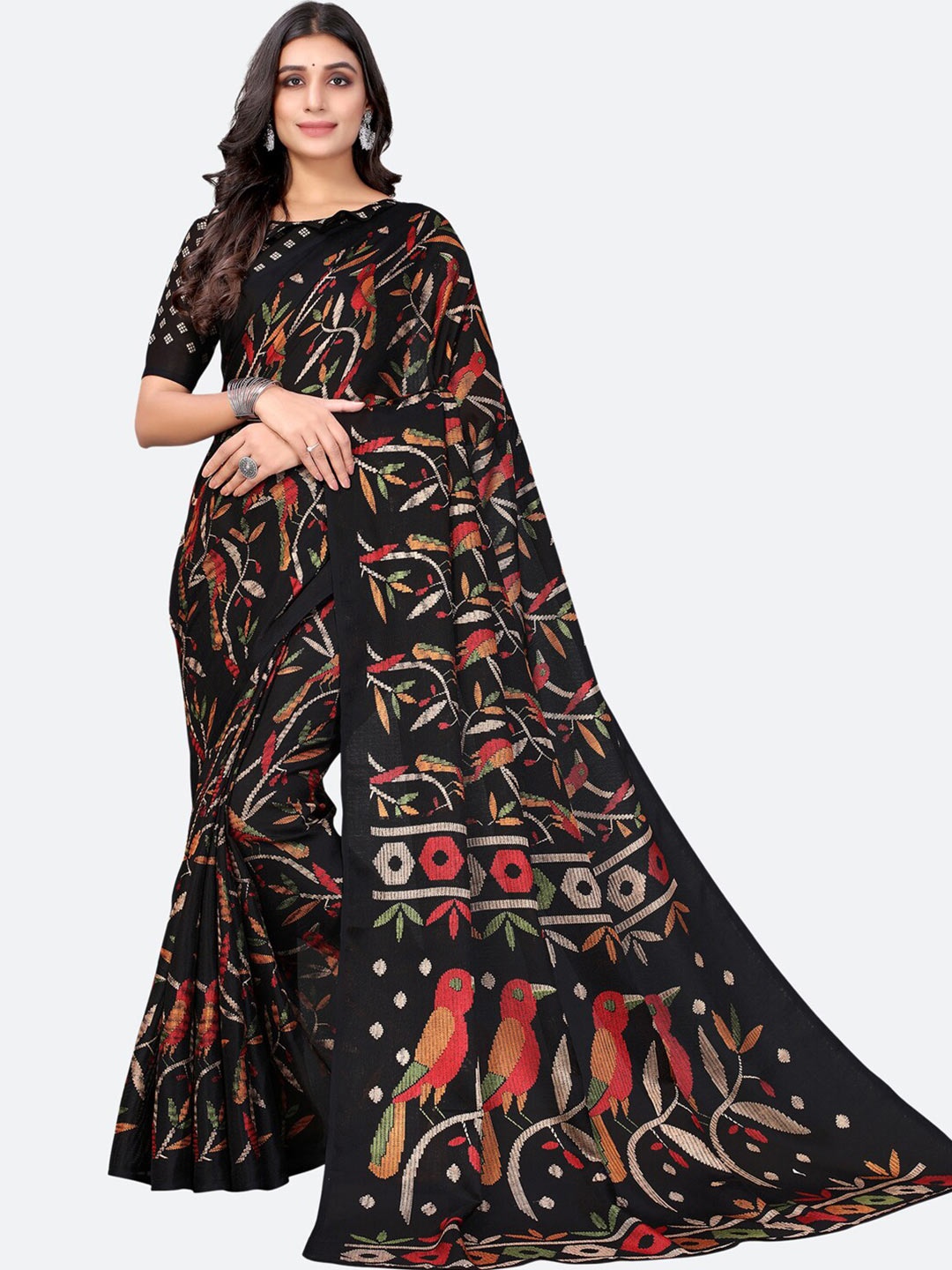 

KALINI Black & Red Kalamkari Saree