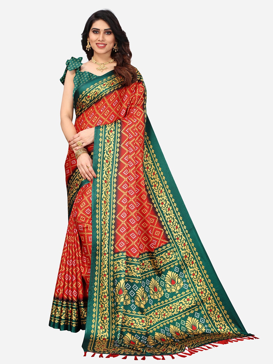 

KALINI Red & Green Bandhani Printed Poly Silk Sarees