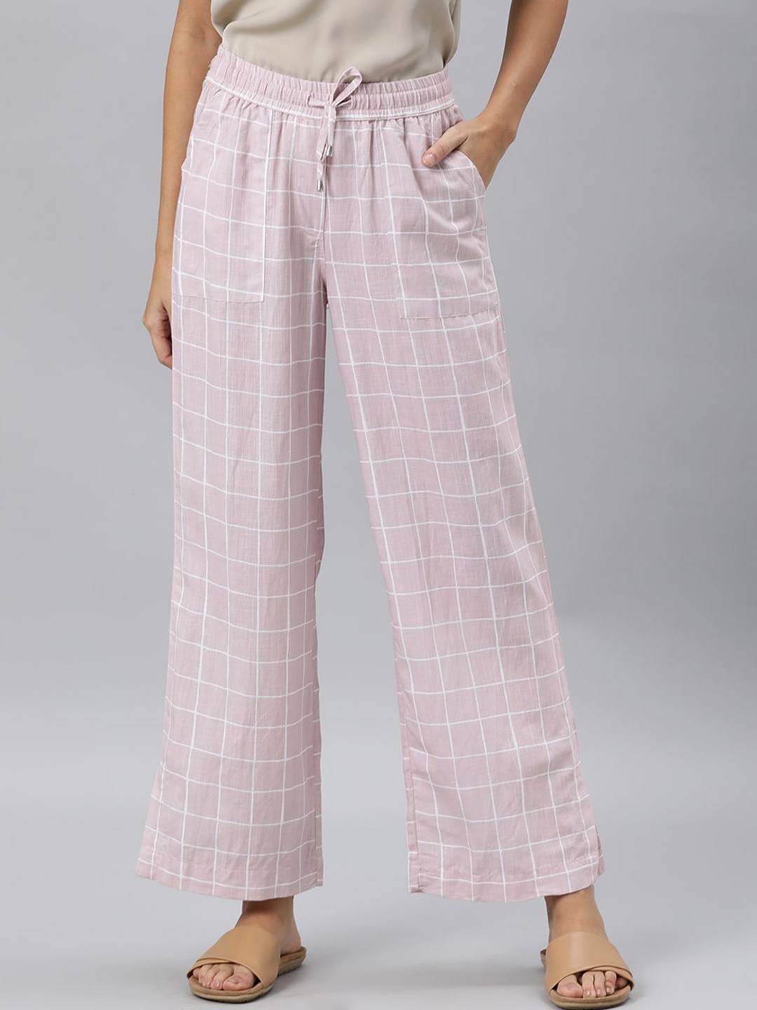 

RAREISM Women Pink Checked Straight Fit High-Rise Trousers