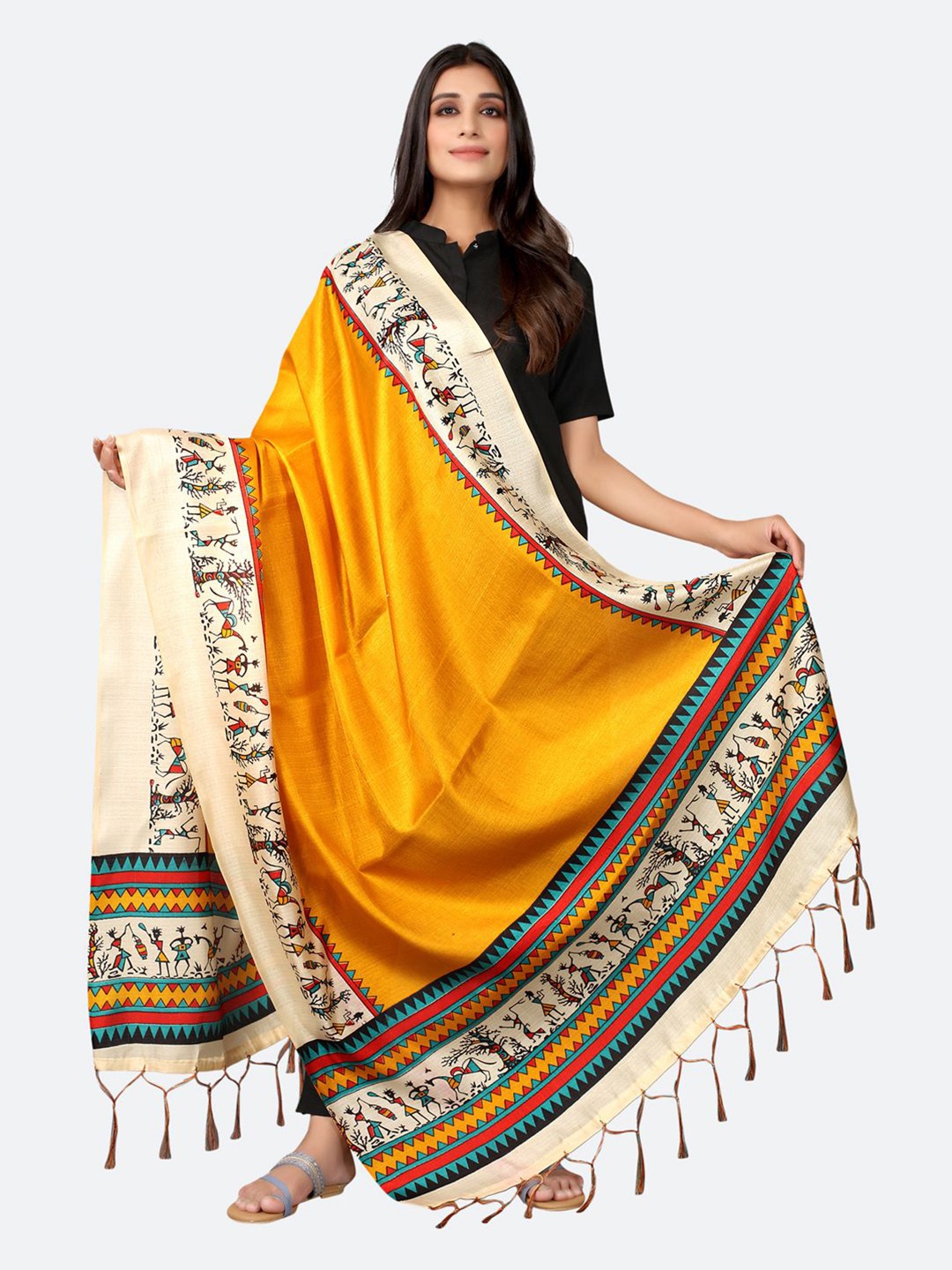 

Satrani Woman Yellow & Cream-Coloured Ethnic Motifs Printed Dupatta