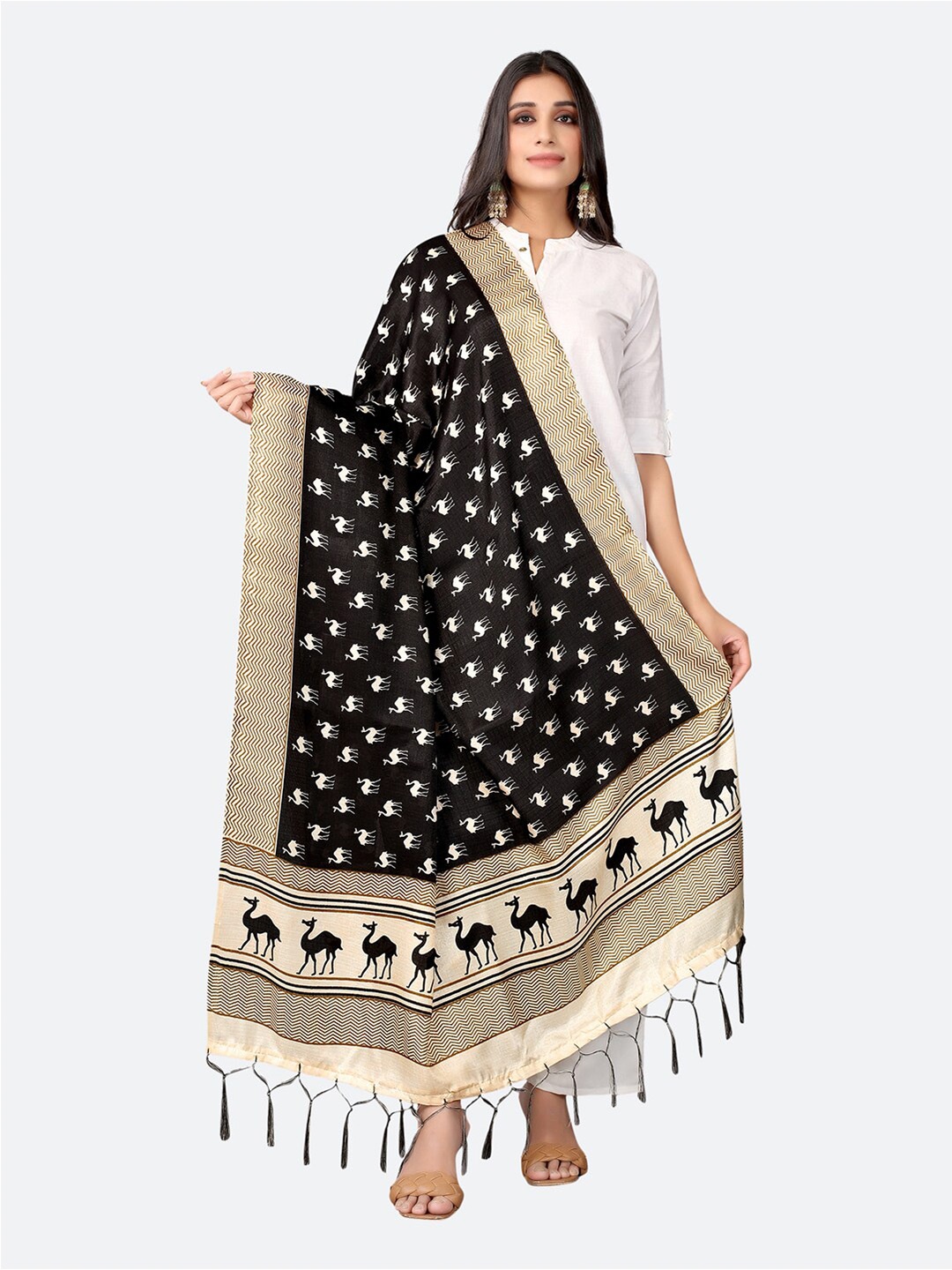 

Satrani Woman Black & Beige Ethnic Motifs Printed Silk Blend Dupatta