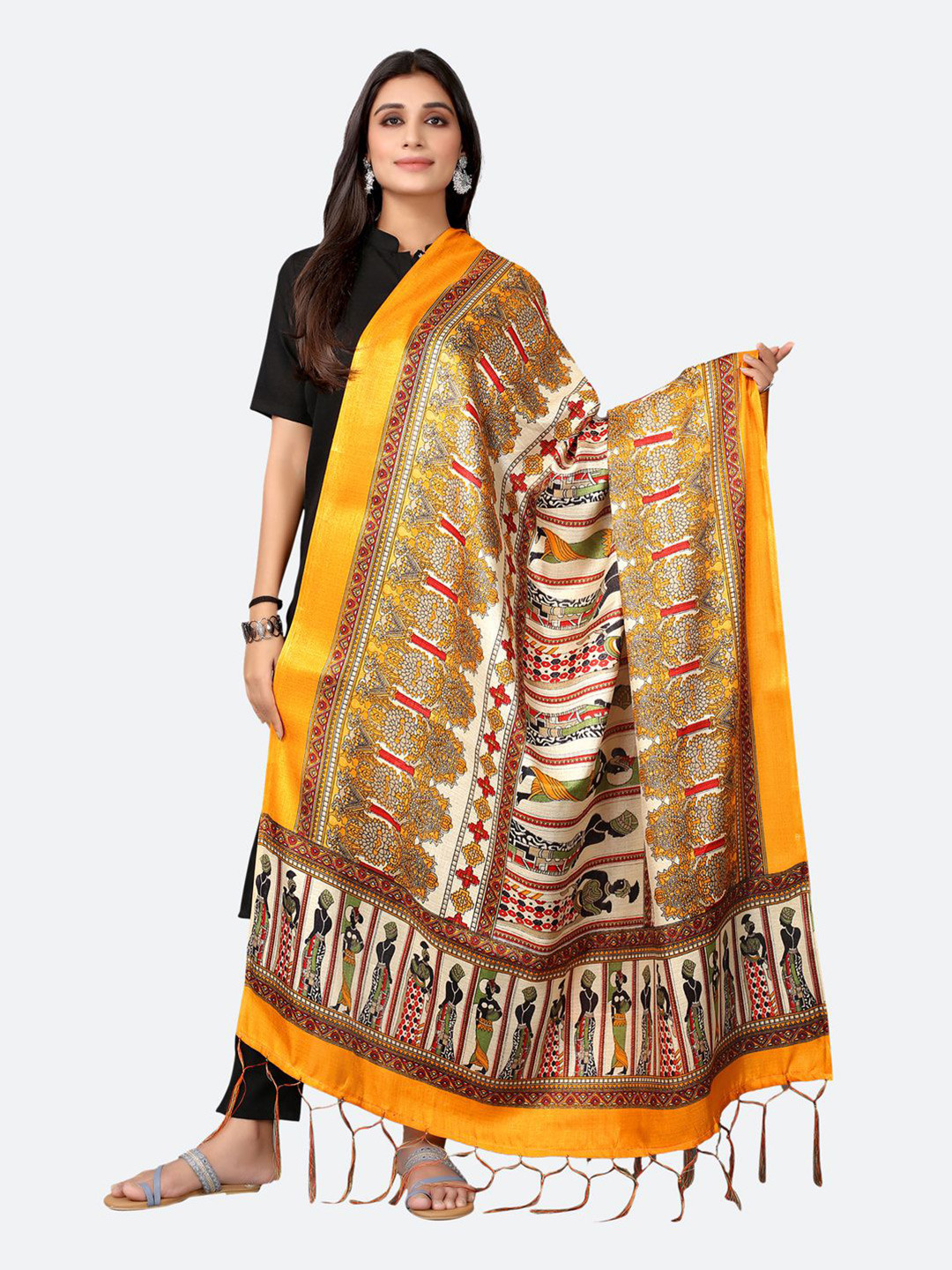 

Satrani Woman Cream-Coloured & Orange Ethnic Motifs Printed Silk Blend Dupatta