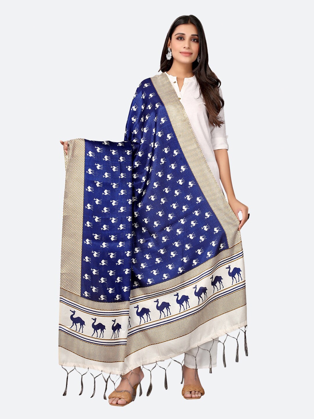 

Satrani Woman Navy Blue & Beige Ethnic Printed Motifs Silk Blend Dupatta
