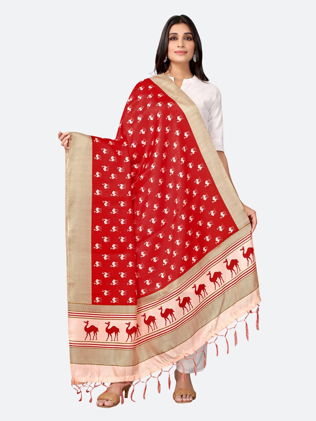 

Satrani Woman Red & Cream-Coloured Ethnic Motifs Printed Silk Blend Dupatta