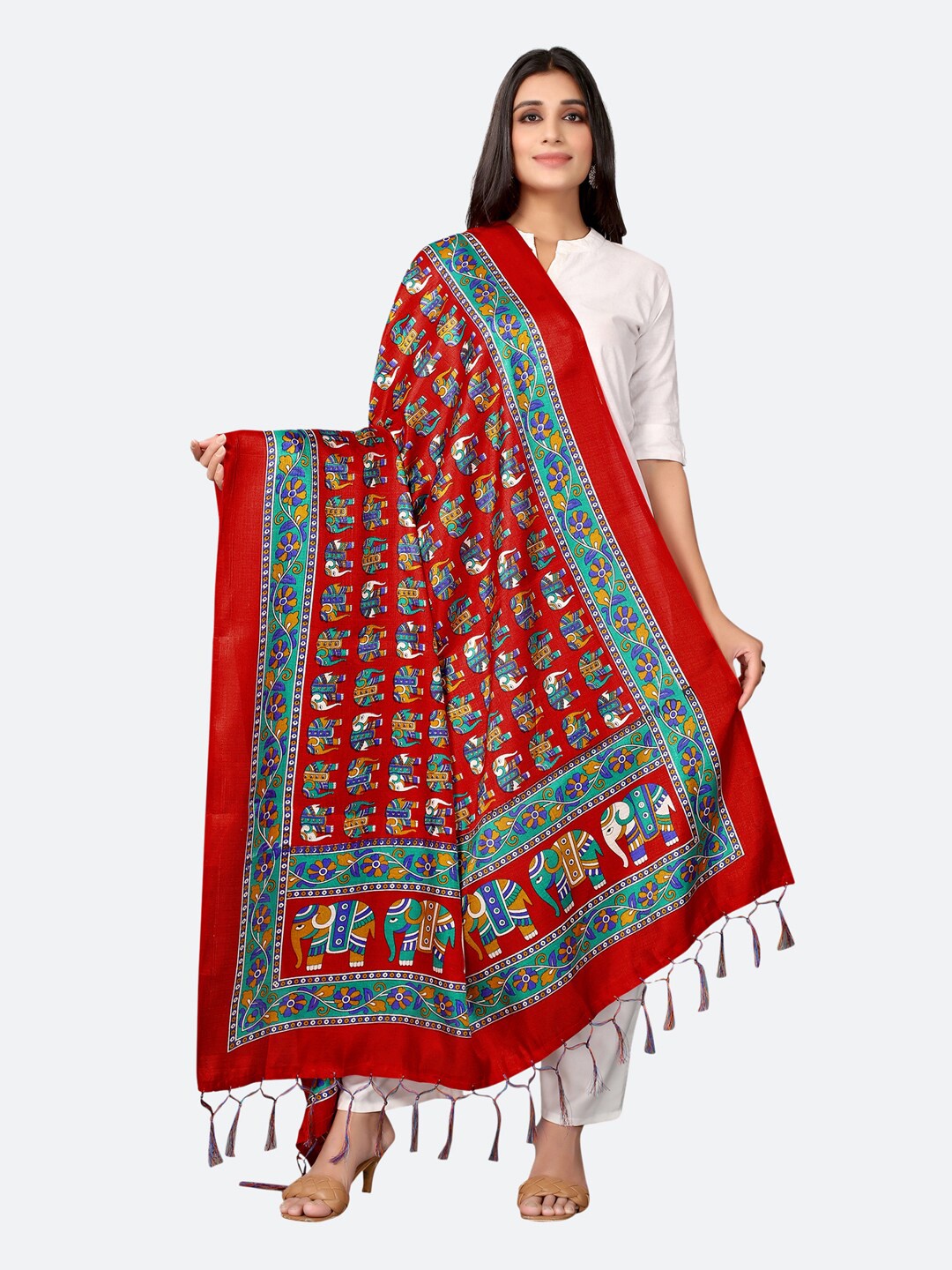 

Satrani Woman Red & Blue Ethnic Motifs Printed Silk Blend Dupatta