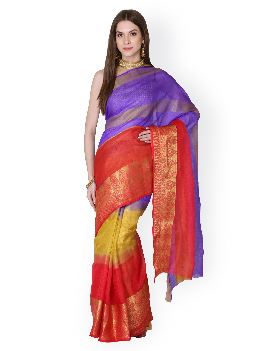 

Geroo Jaipur Purple & Red Kota Silk Zari Woven Saree