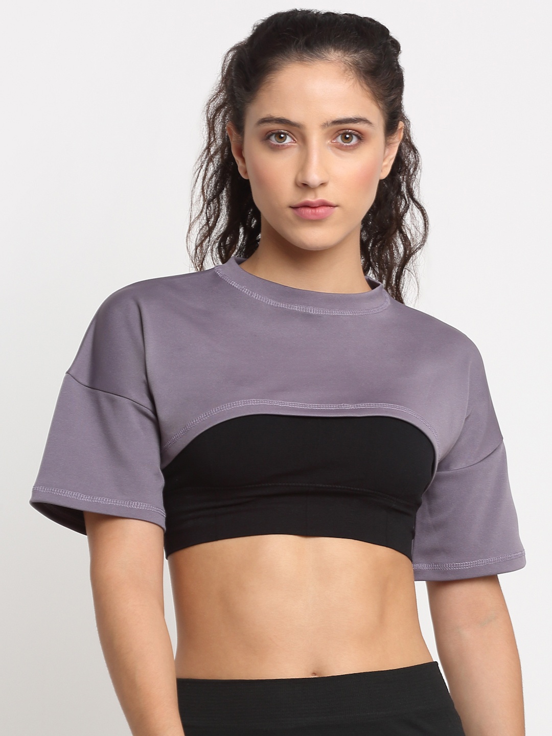 

EVERDION Women Purple & Black Drop-Shoulder Sleeves T-shirt