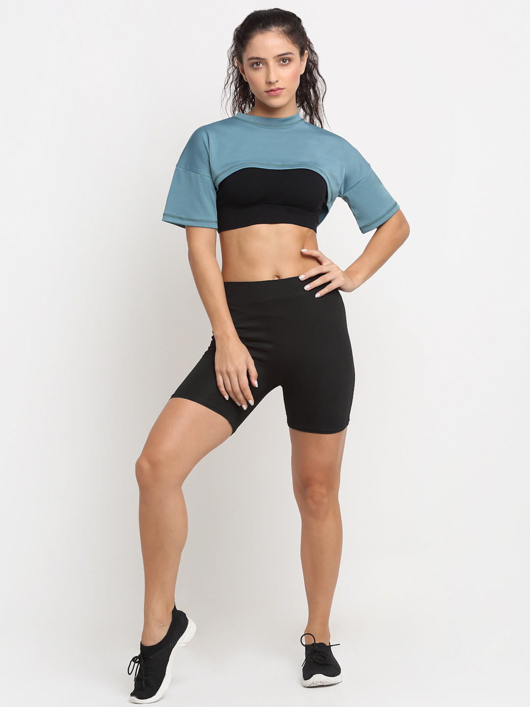 

EVERDION Women Blue & Black Drop-Shoulder Sleeves T-shirt