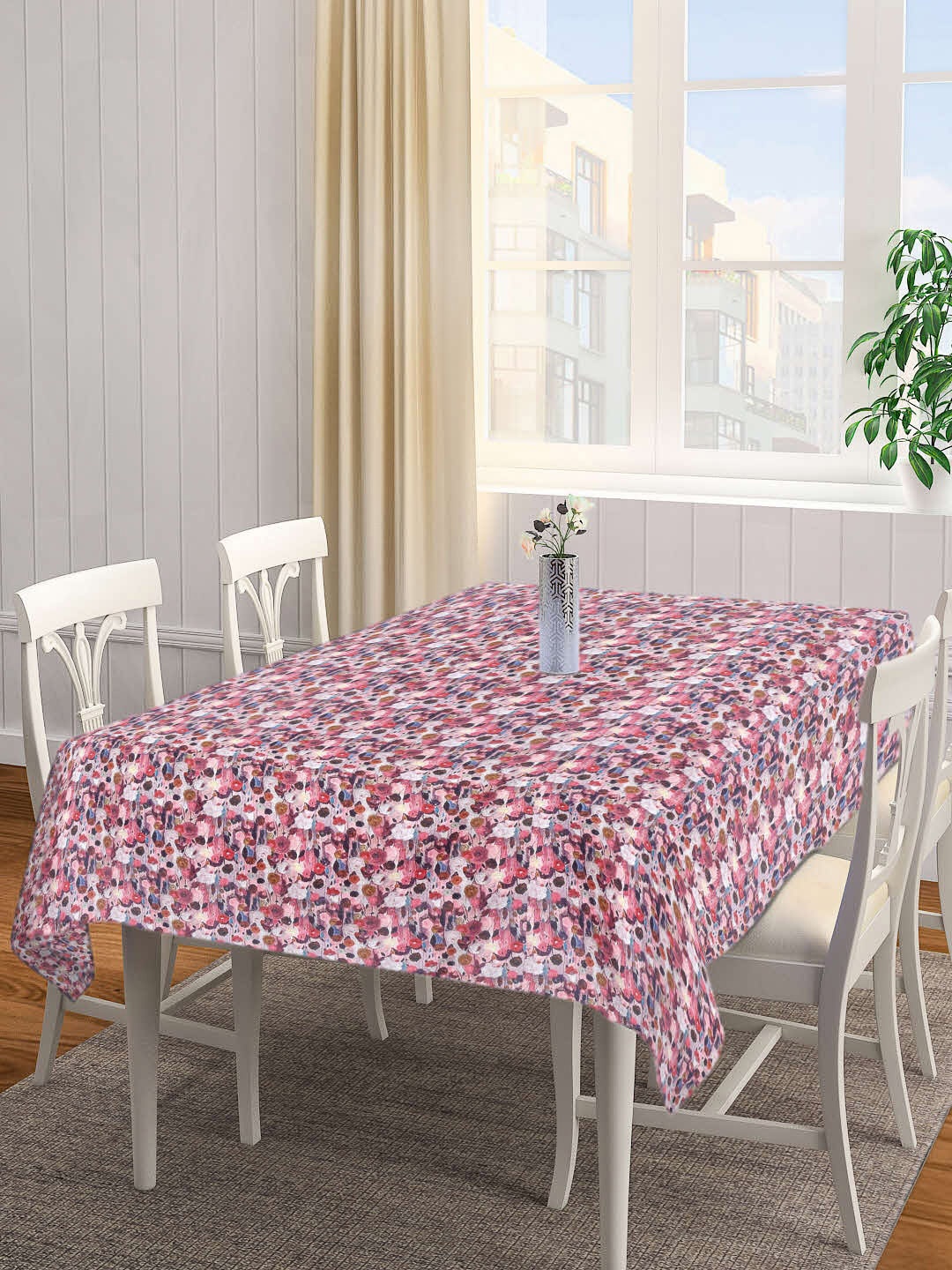 

KLOTTHE Pink & White Self-Design 6-Seater Rectangle Table Cover