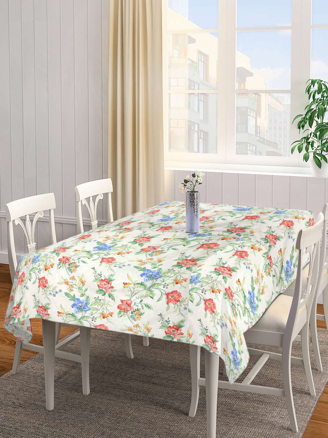 

KLOTTHE White & Red Printed 6 Seater Rectangular Cotton Table Cover